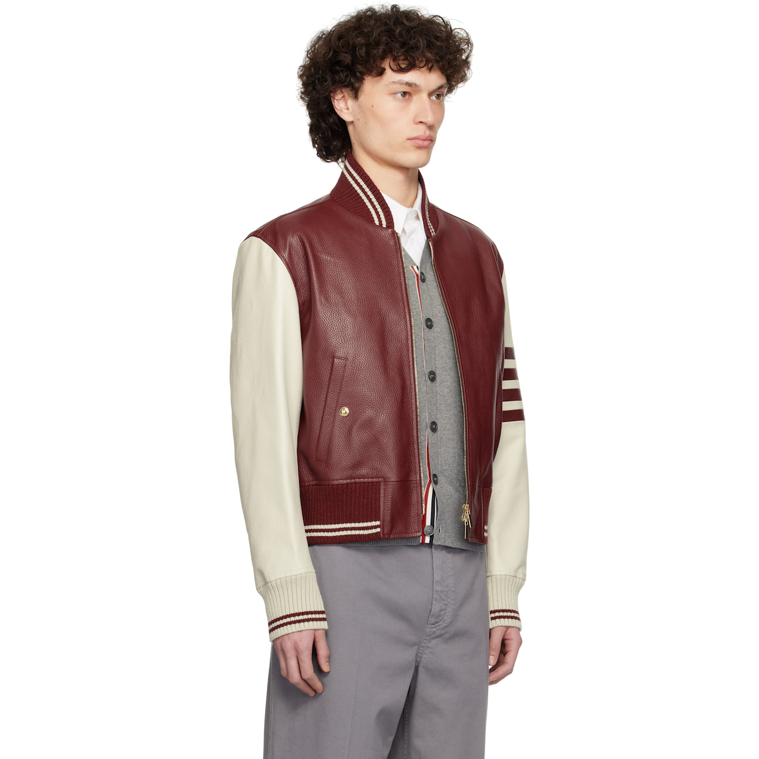  Thom Browne Burgundy & Off-white Classic 4-bar Leather Bomber Jacket 