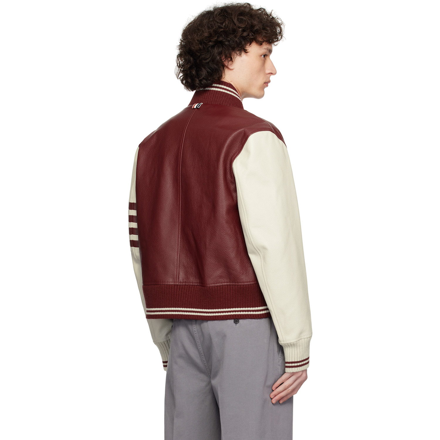  Thom Browne Burgundy & Off-white Classic 4-bar Leather Bomber Jacket 
