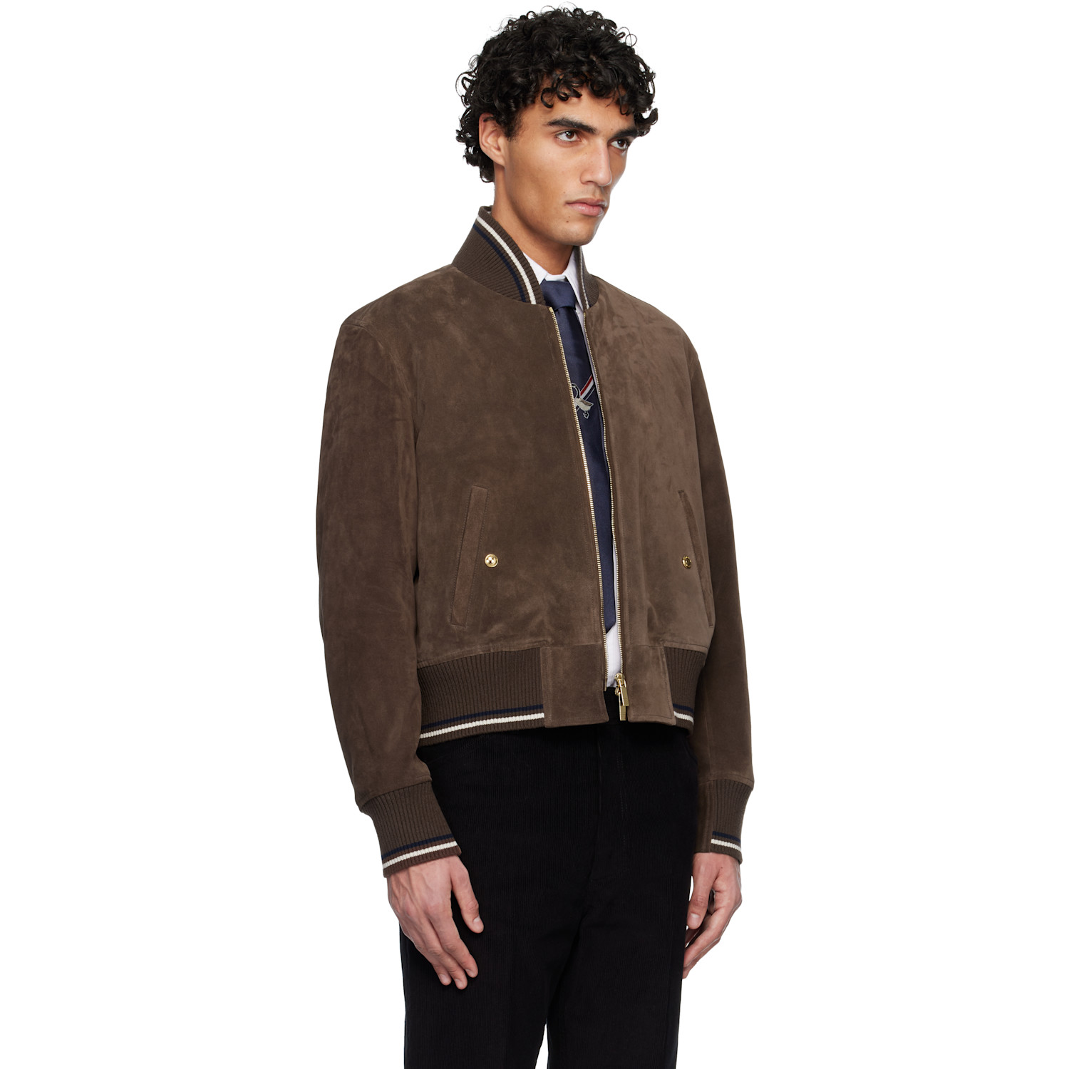  Thom Browne Brown Knit Rib Blouson Suede Jacket 