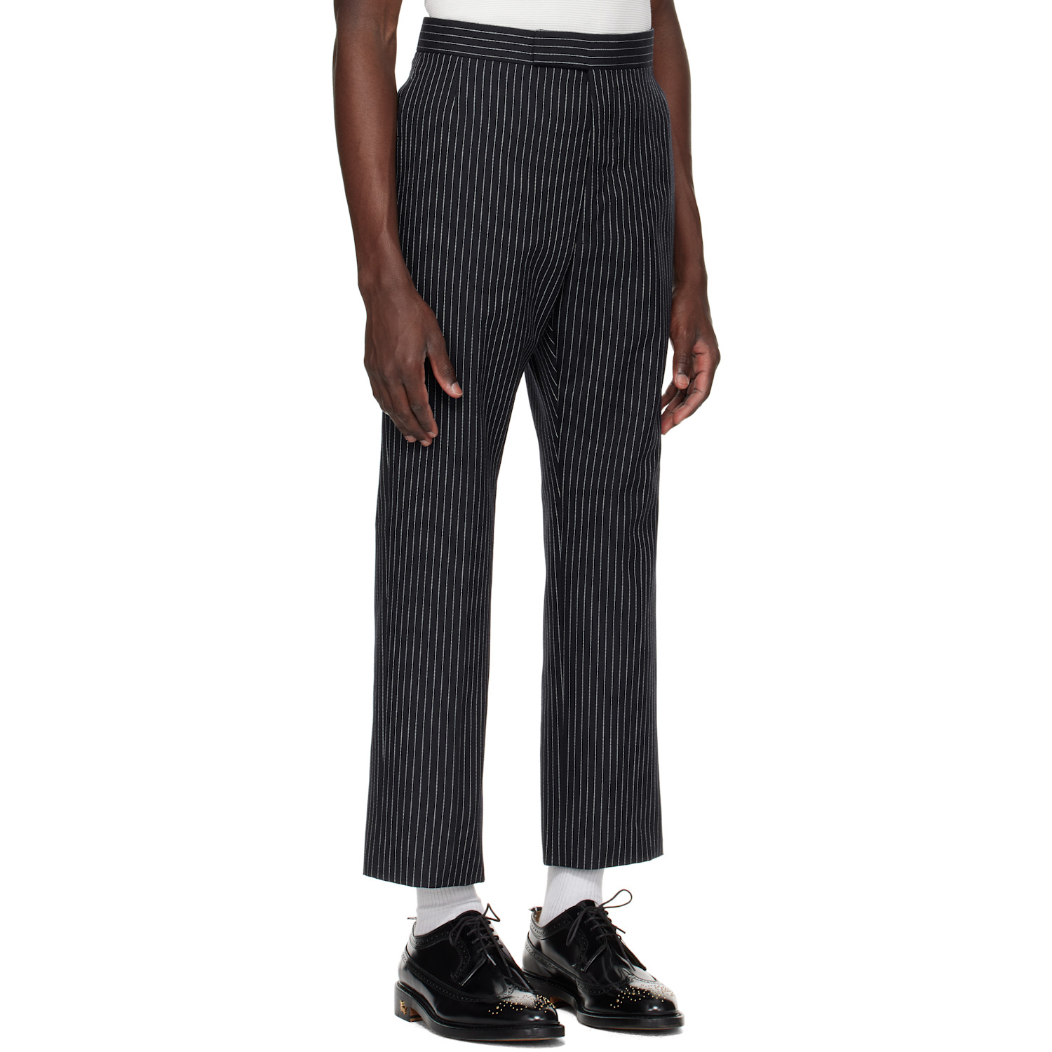  Thom Browne Navy Pinstripe High Twist Wool Backstrap Trousers 