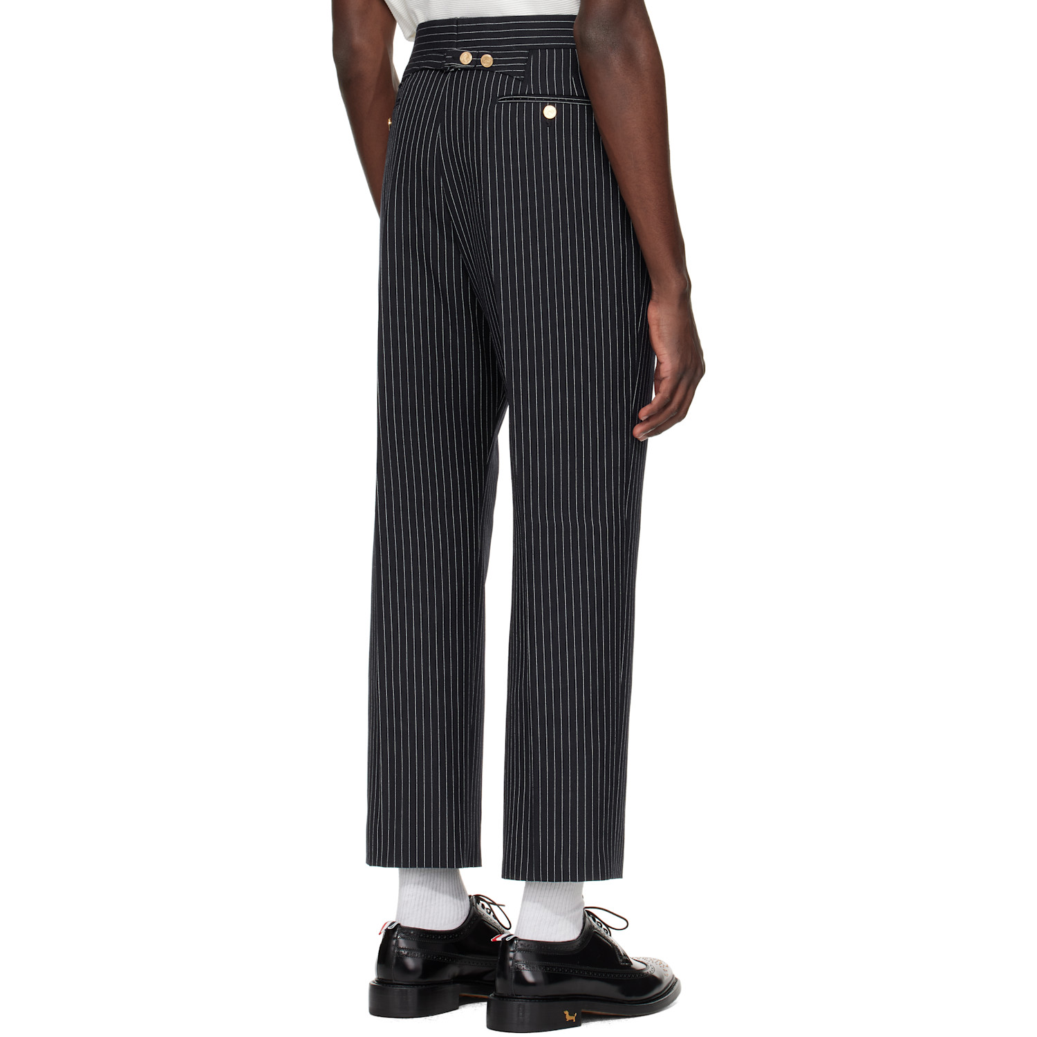  Thom Browne Navy Pinstripe High Twist Wool Backstrap Trousers 
