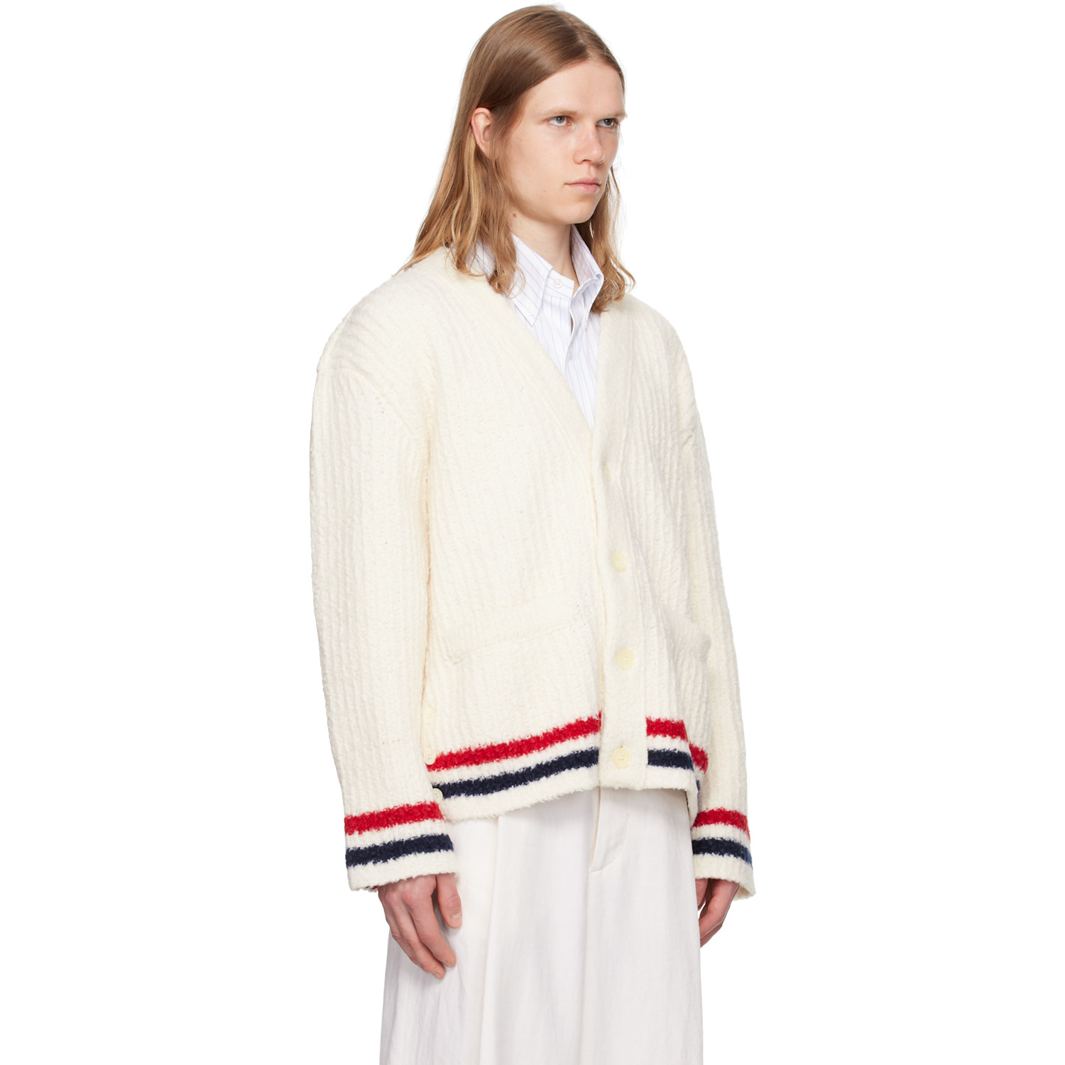  Thom Browne White Chunky Rib Stitch V Neck Cardigan 