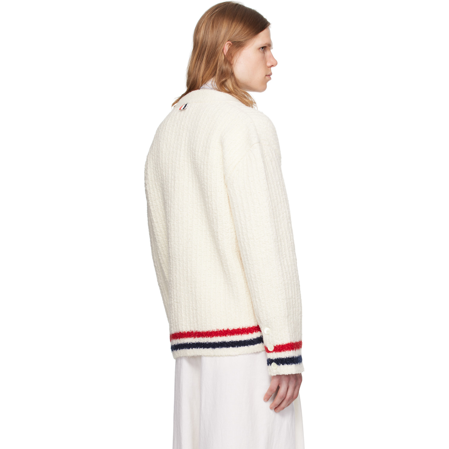  Thom Browne White Chunky Rib Stitch V Neck Cardigan 