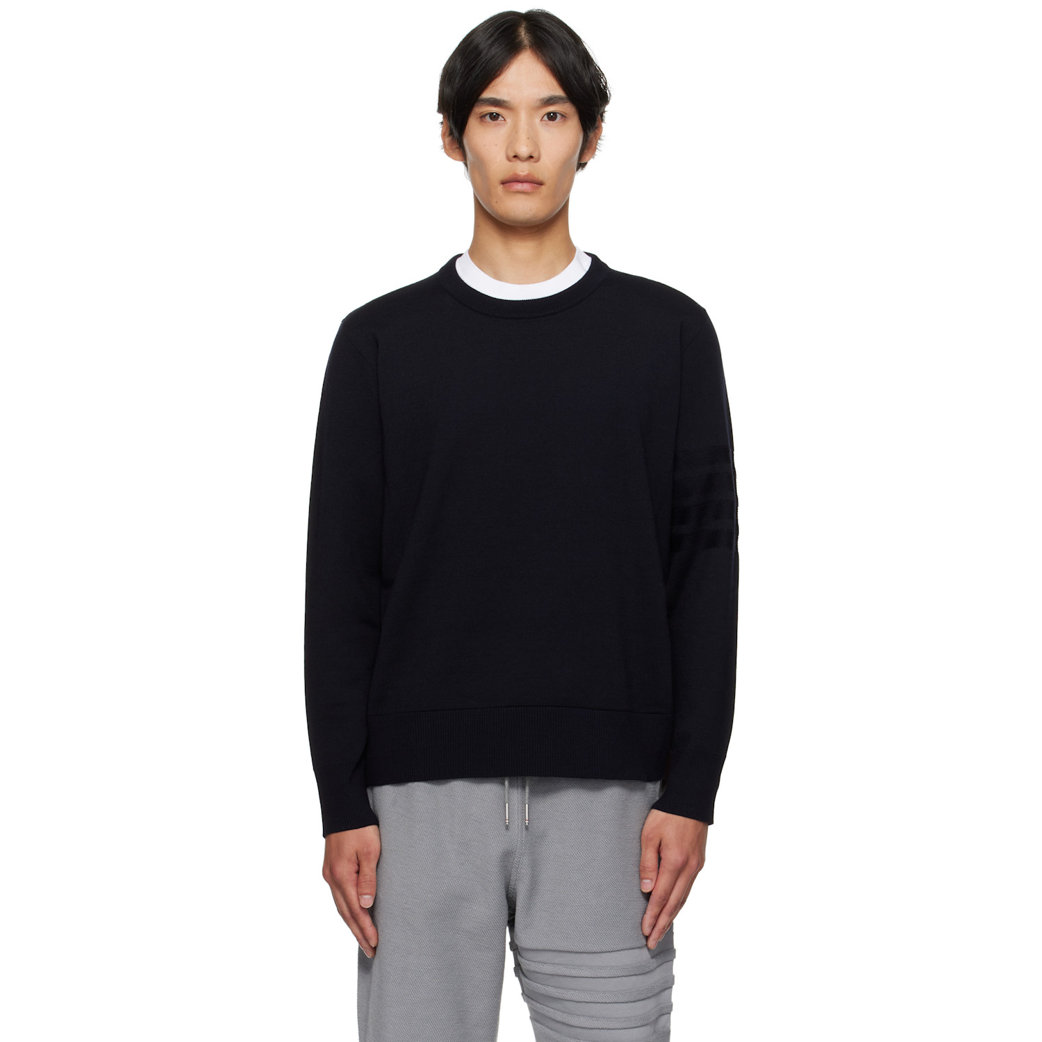 Thom Browne Navy Double Face Crew New 4-Bar Sweater