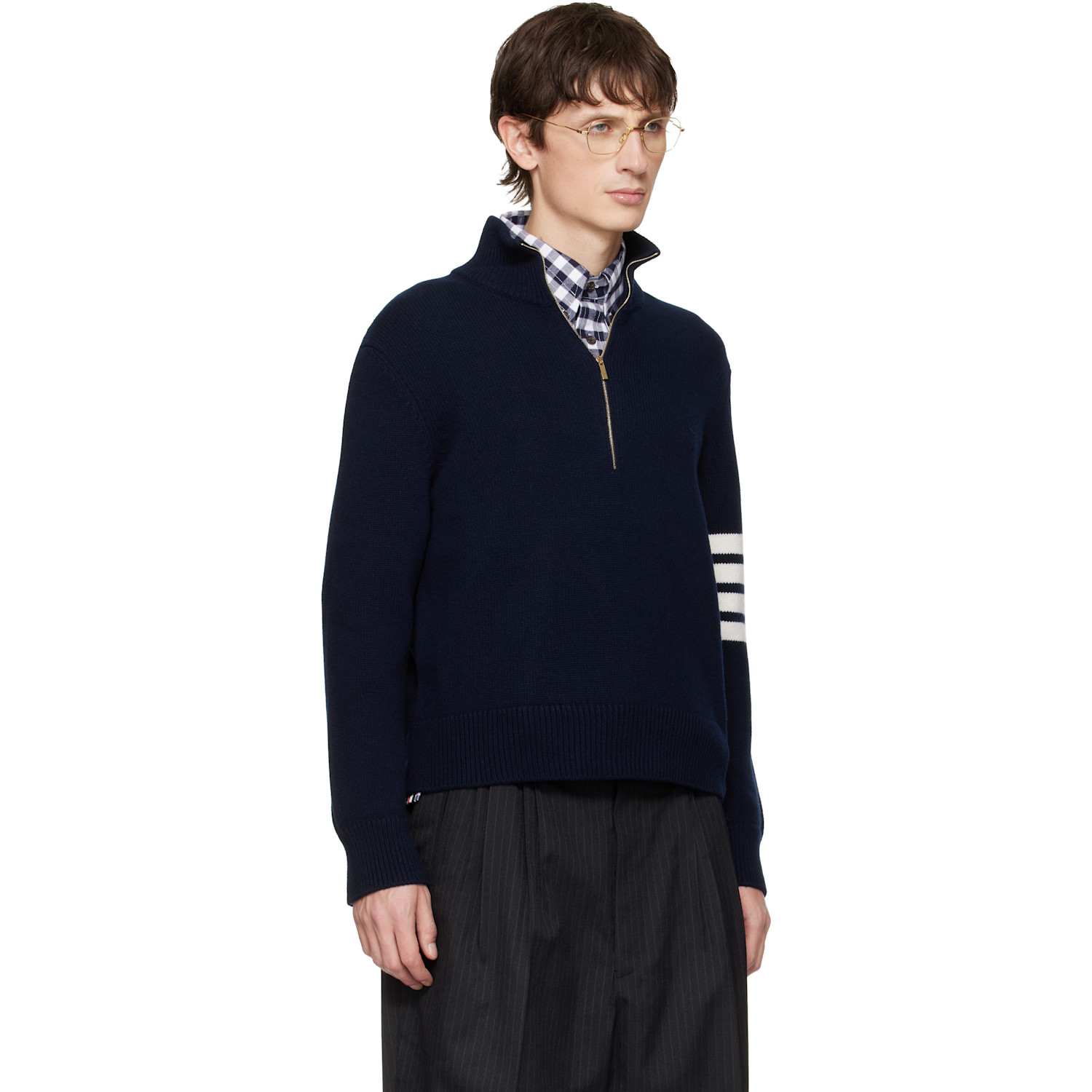  Thom Browne Navy Merino Wool 4-bar Funnel Neck Sweater 