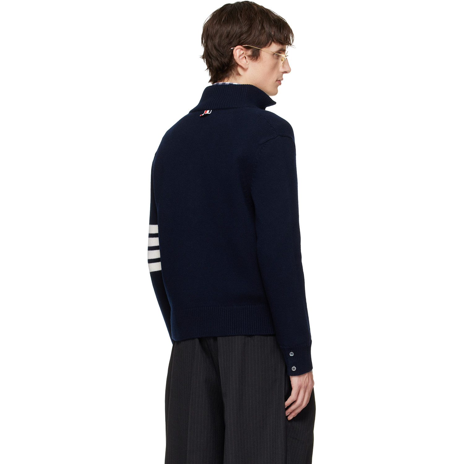  Thom Browne Navy Merino Wool 4-bar Funnel Neck Sweater 