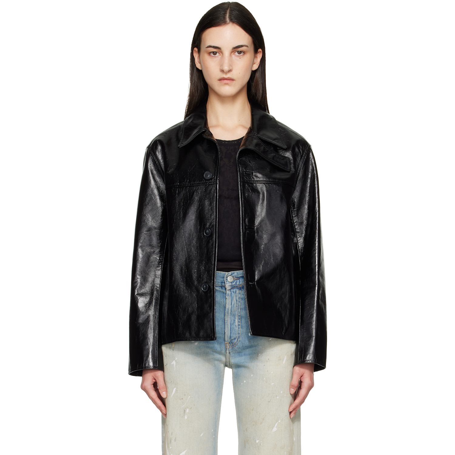 Commission Black Curve Flap Leather Jacket