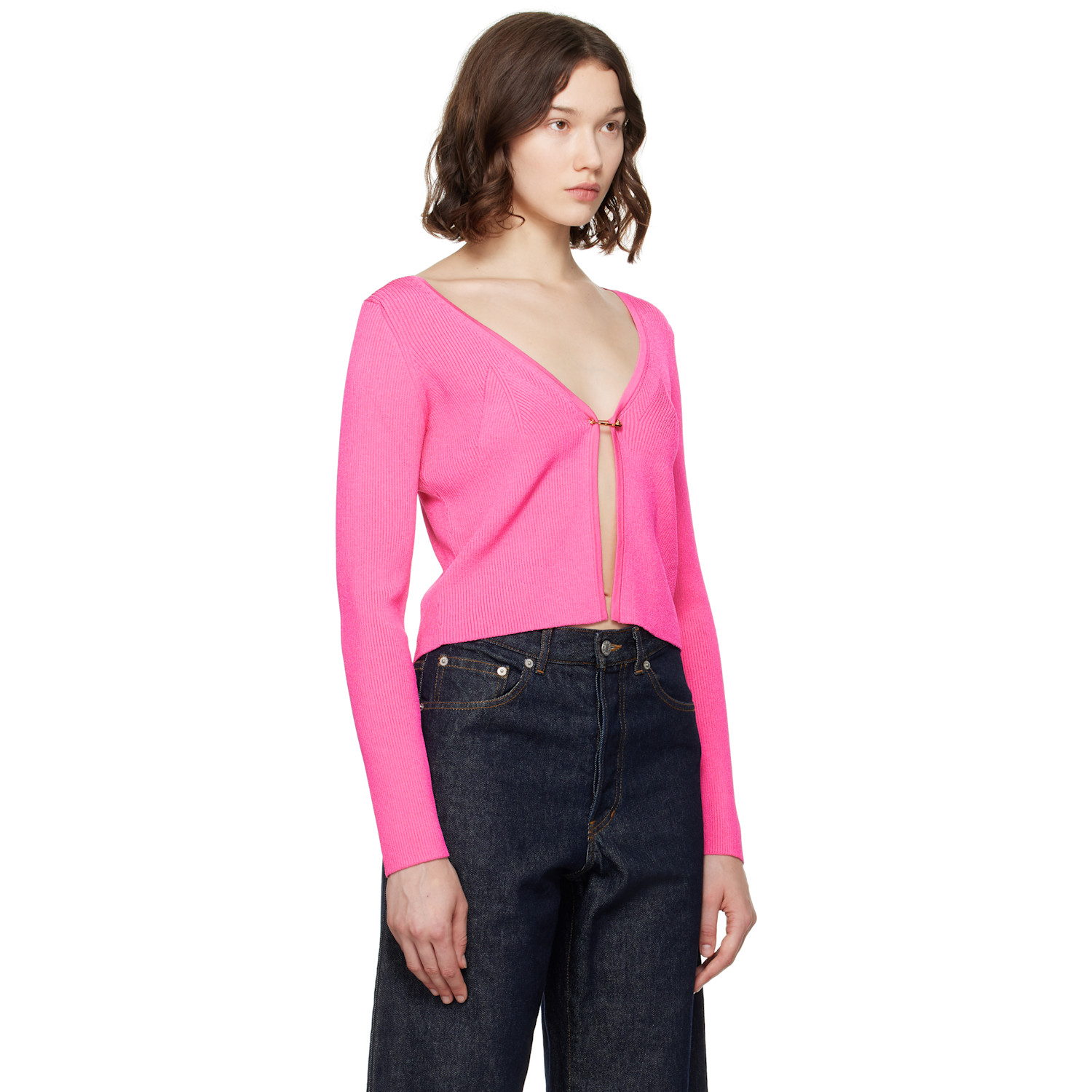  Versace Pink Safety Pin Ribbed Knit Fitted Cardigan 