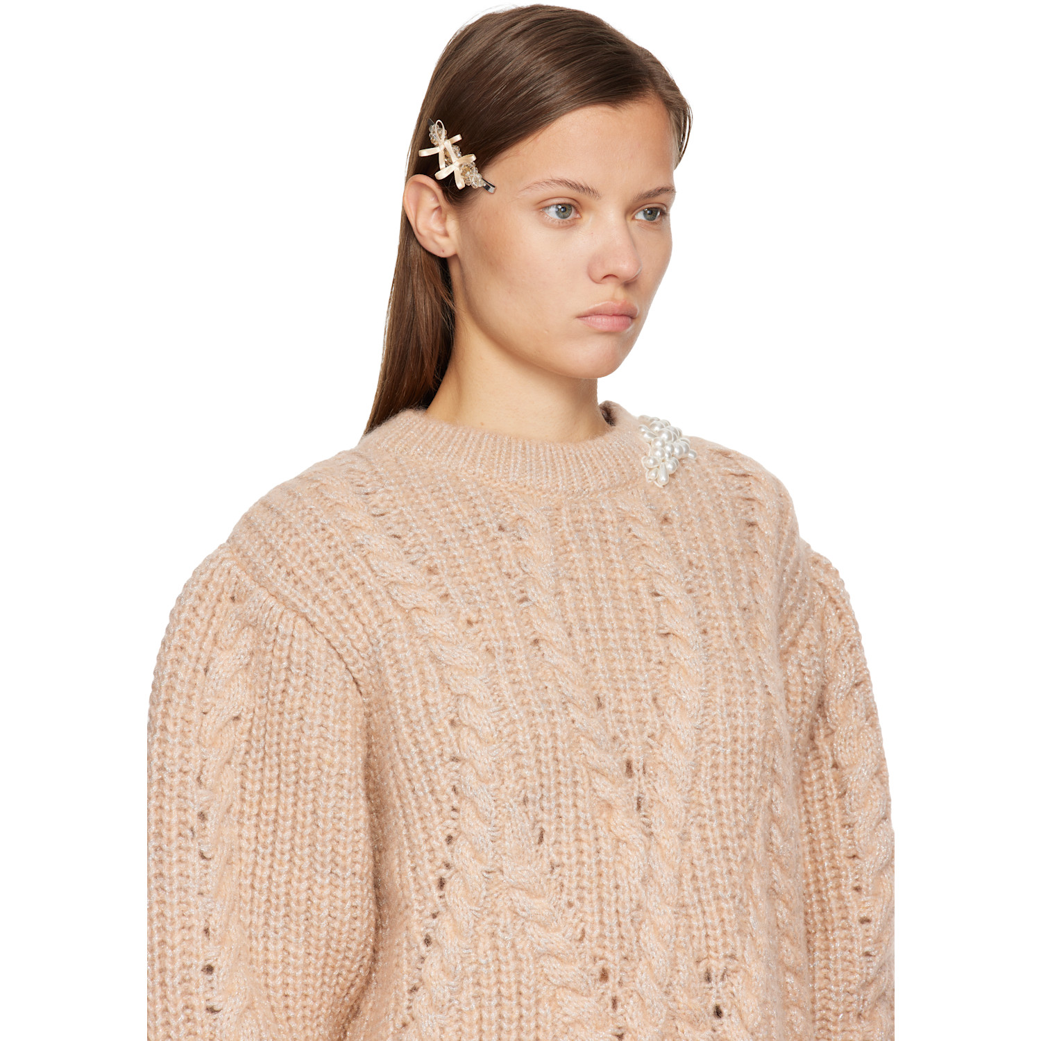  Simone Rocha Beige Petite Bow Detail Flower Hair Clip 