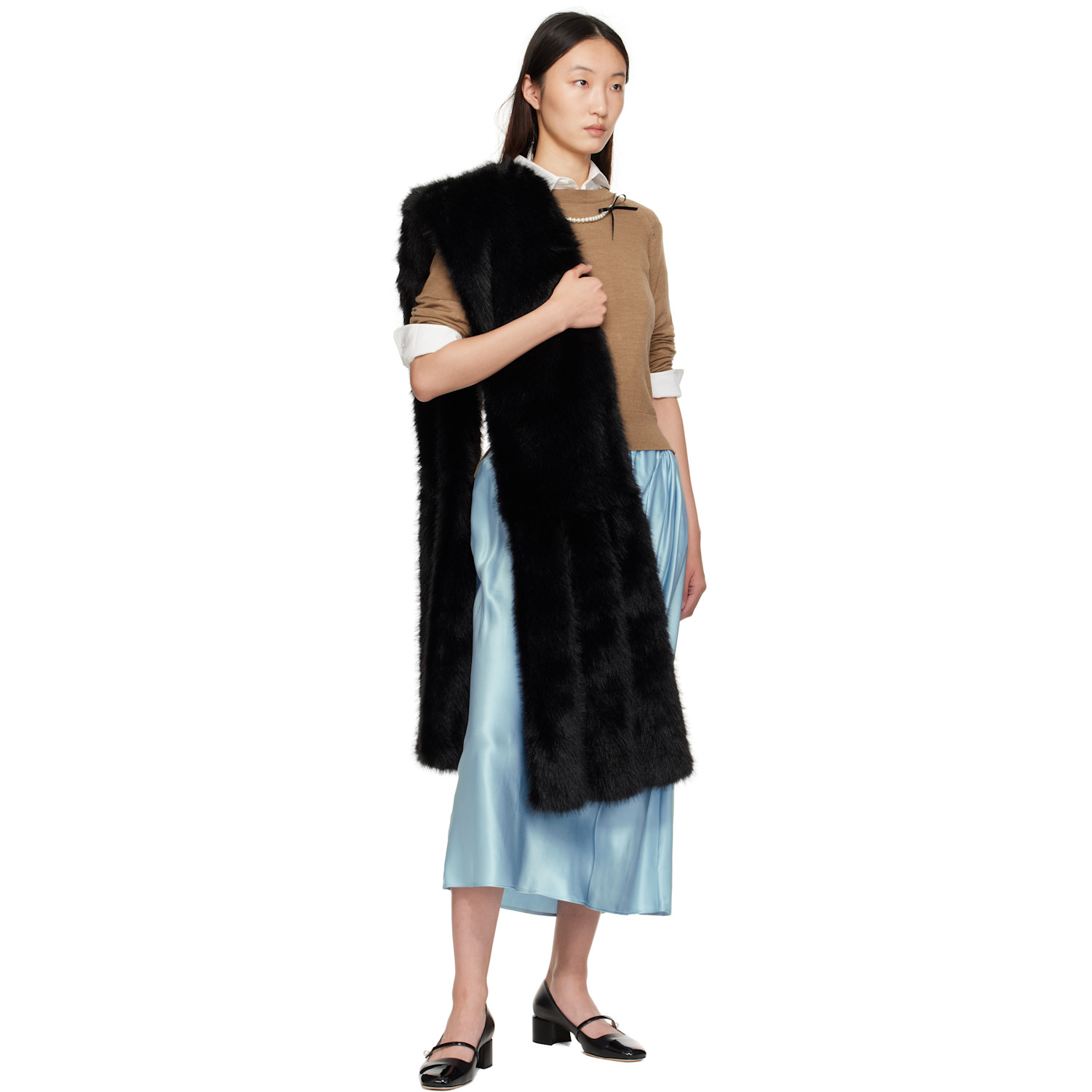  Simone Rocha Black Triple Slit Faux Fur Scarf 