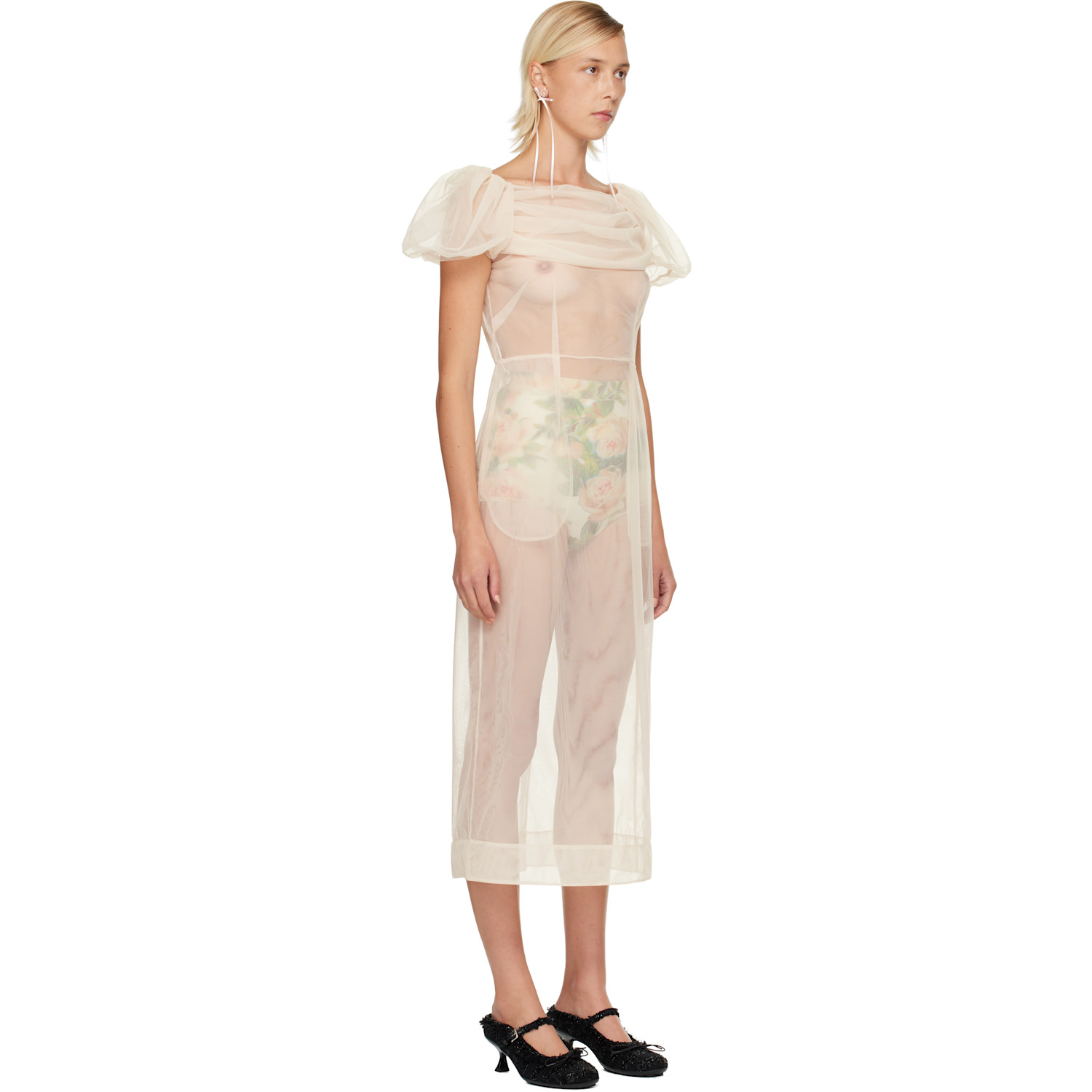  Simone Rocha Beige Sheer Sculpted Gathered Bust Midi Dress 