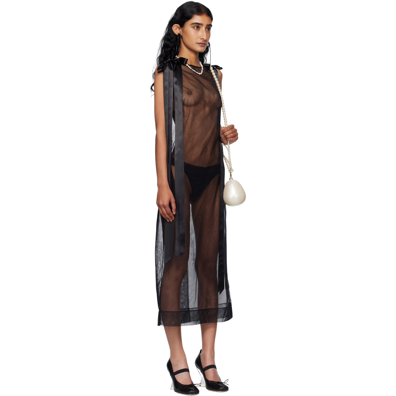  Simone Rocha Black Sheer Bow Ribbon Tail Midi Dress 