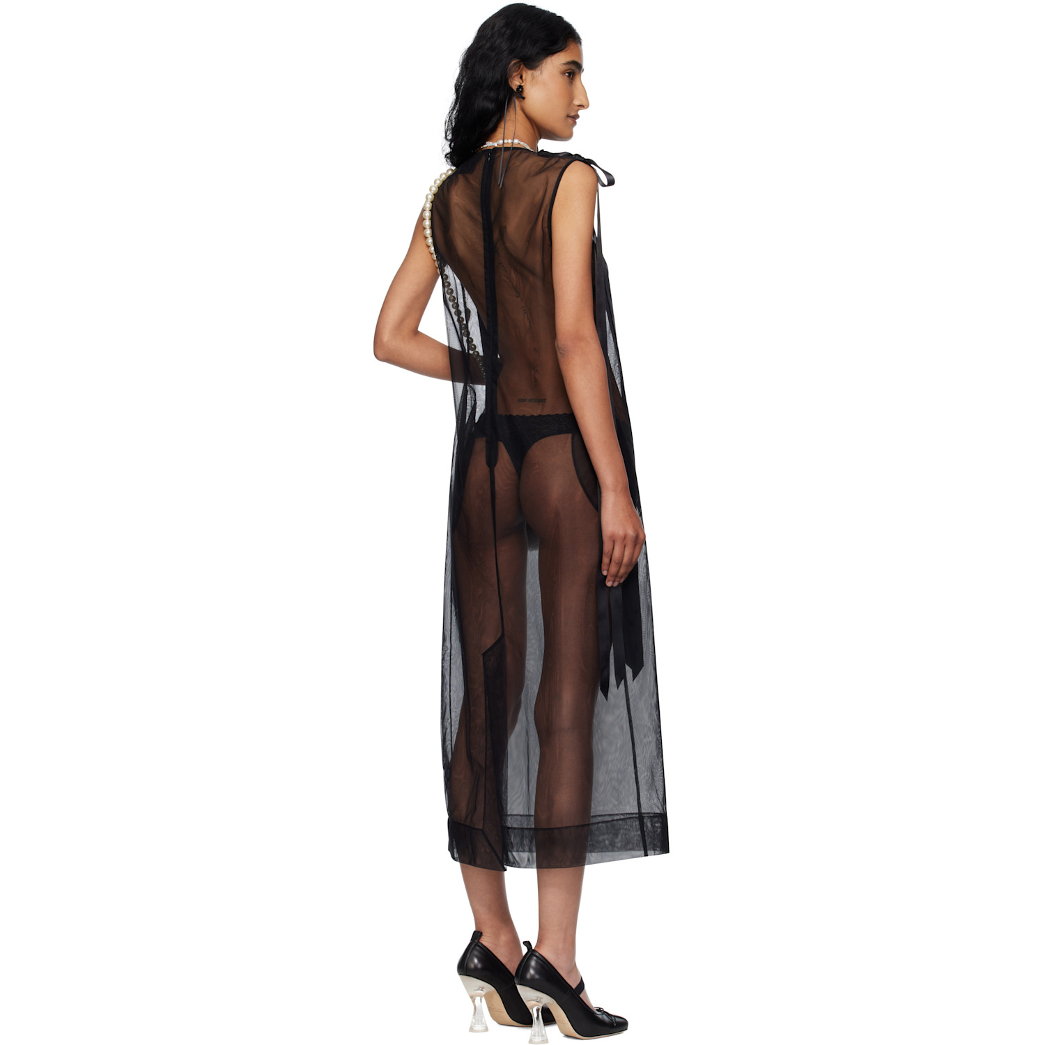  Simone Rocha Black Sheer Bow Ribbon Tail Midi Dress 