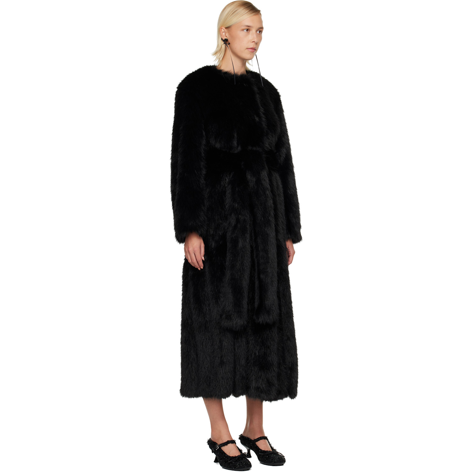  Simone Rocha Black Belted Faux Fur Long Multi Slit Coat 
