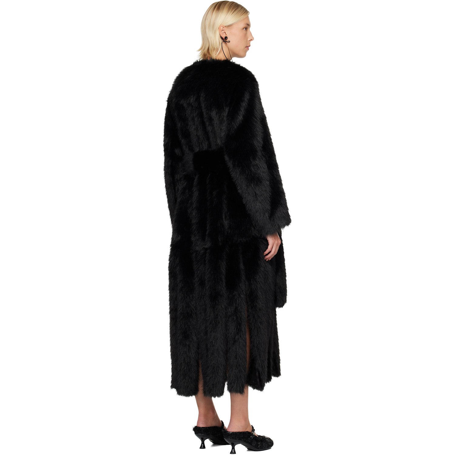  Simone Rocha Black Belted Faux Fur Long Multi Slit Coat 