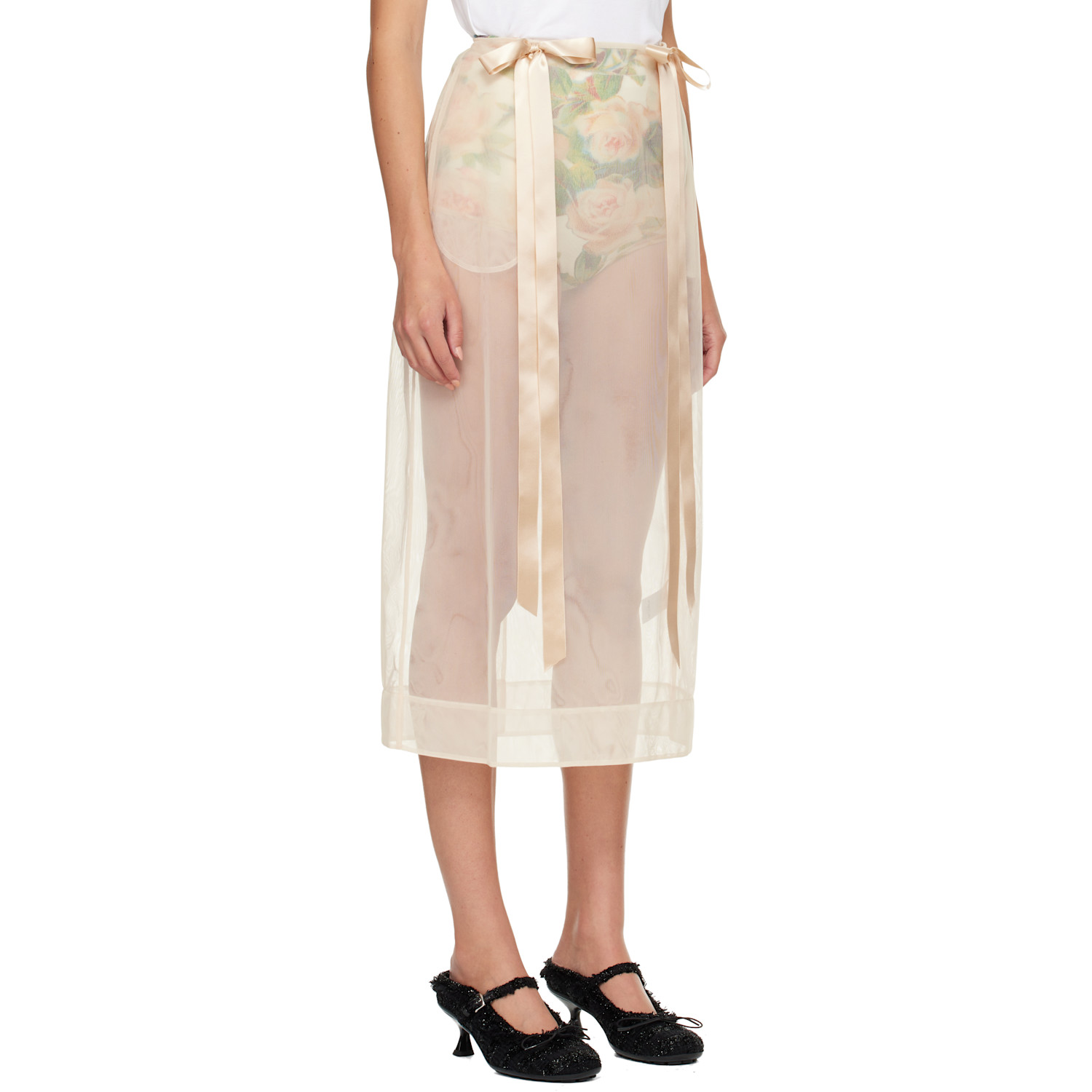  Simone Rocha Beige Sheer Bow Ribbon Pencil Midi Skirt 