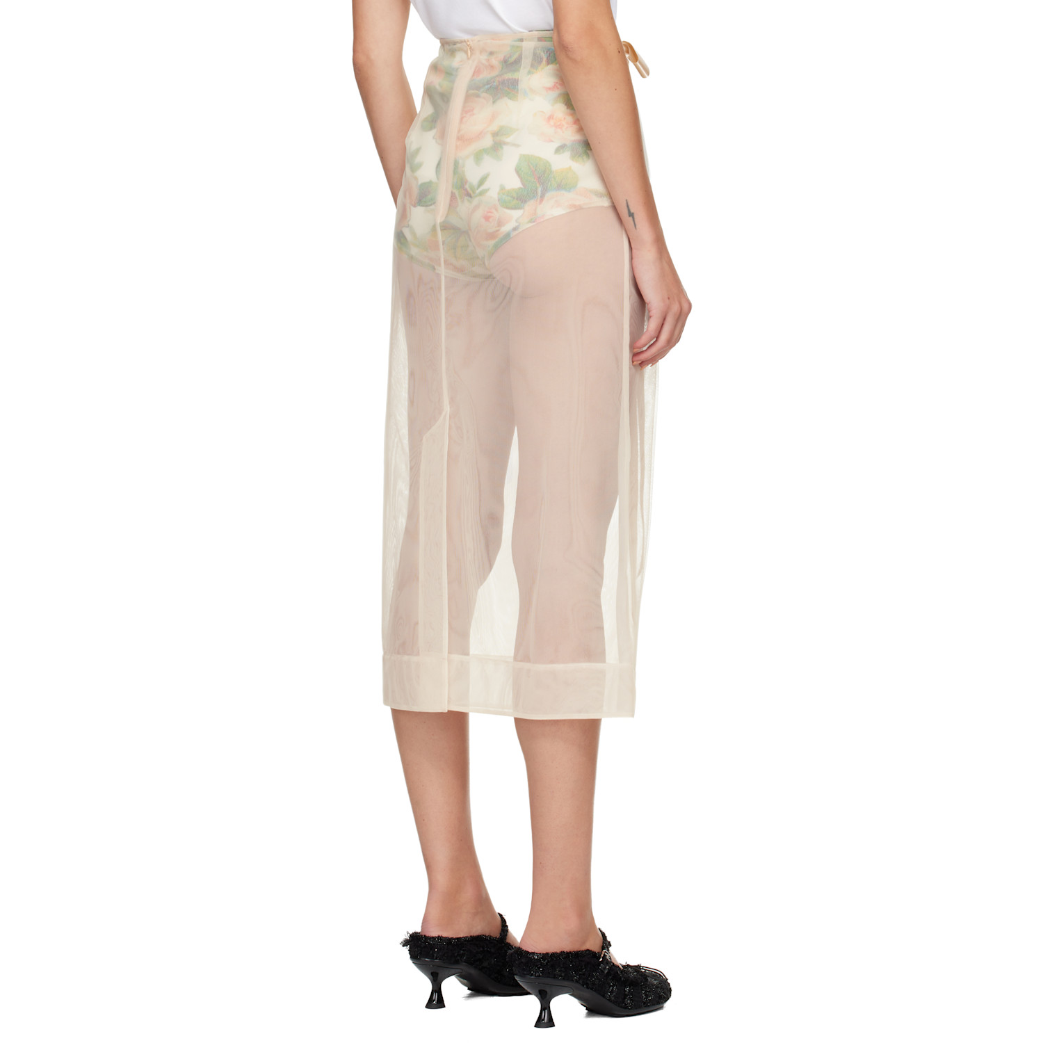  Simone Rocha Beige Sheer Bow Ribbon Pencil Midi Skirt 
