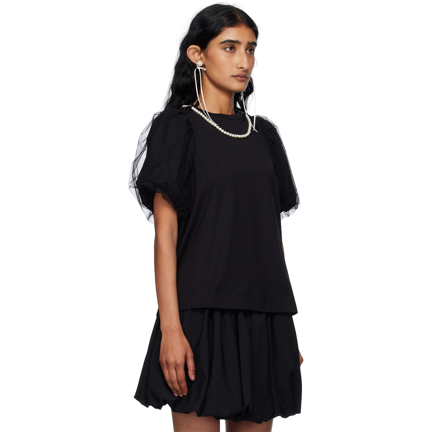  Simone Rocha Black Embellished Tulle Overlay Puff Sleeve T-shirt 