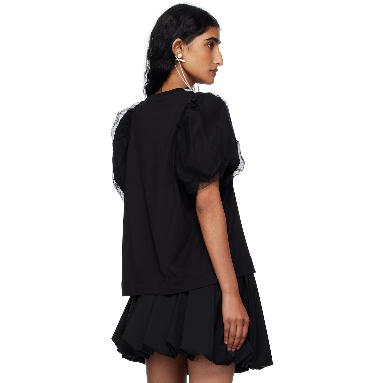  Simone Rocha Black Embellished Tulle Overlay Puff Sleeve T-shirt 