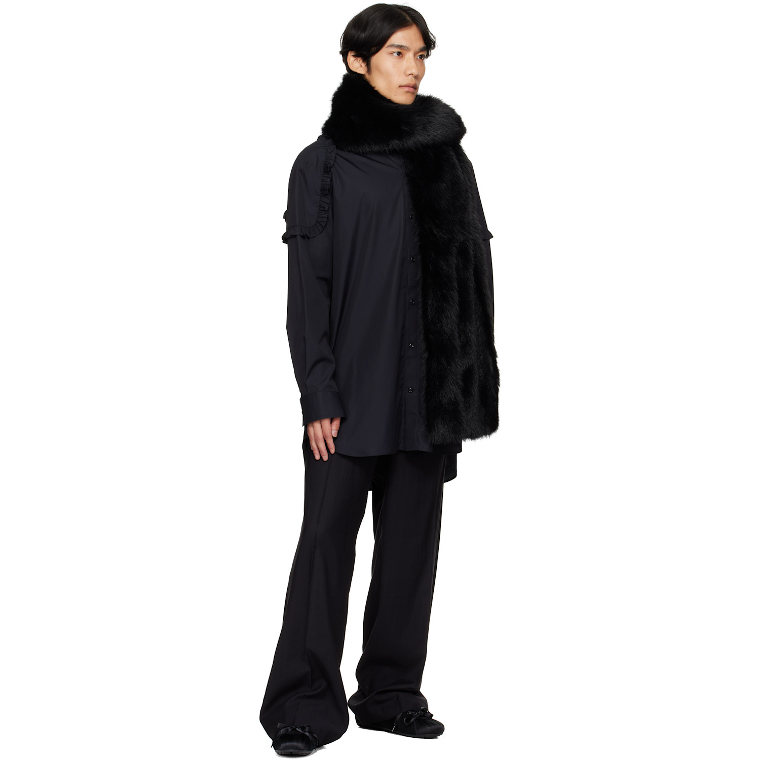  Simone Rocha Black Triple Slit Faux-fur Scarf 