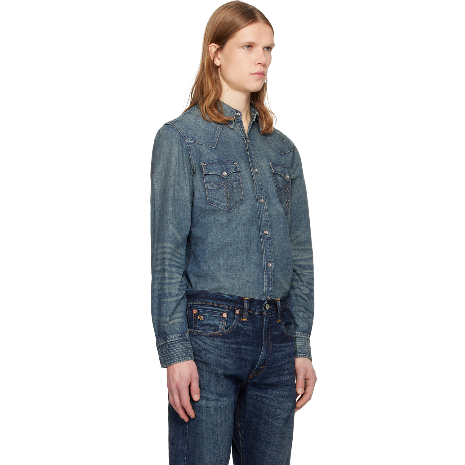  Rrl Blue Slim Fit Denim Western Shirt 
