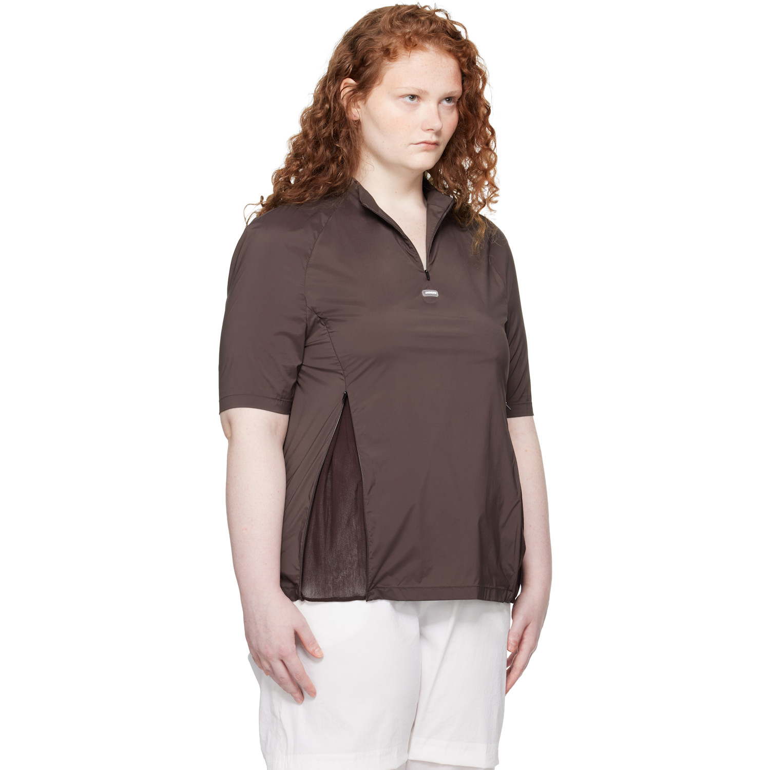  Amomento Brown Mock Neck Half Zip T-shirt 