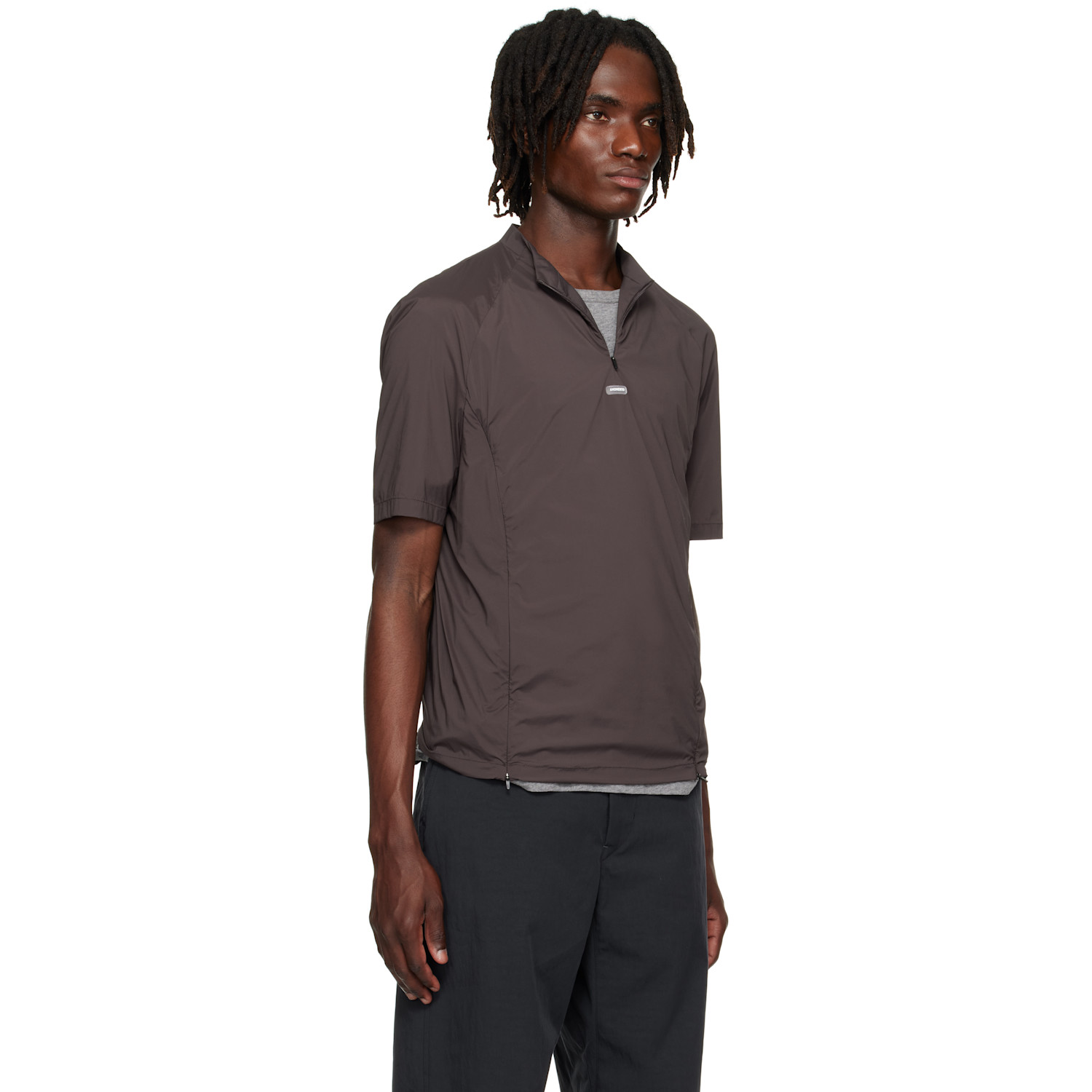  Amomento Brown Mock Neck Zip T-shirt 