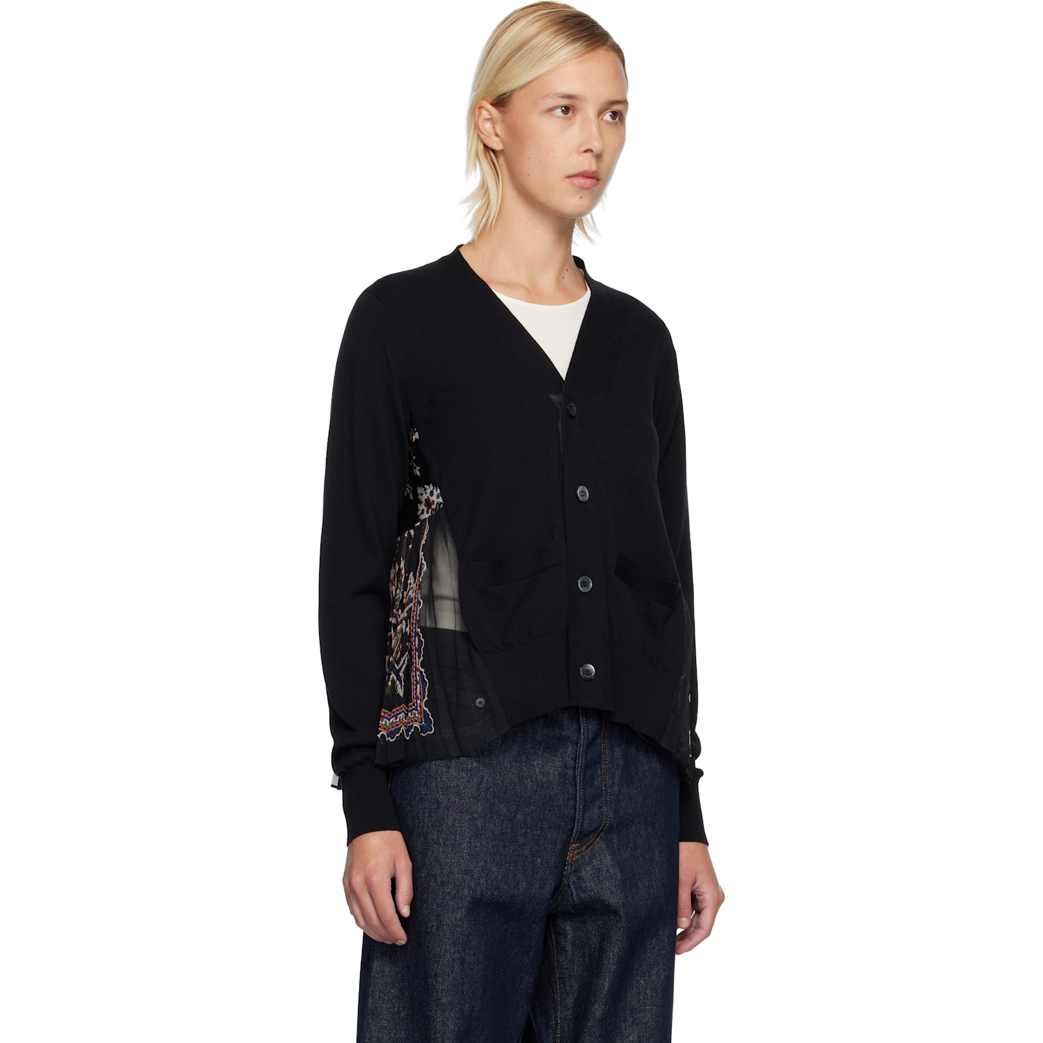  Sacai Black Paisley Print & Cotton Knit Cardigan 