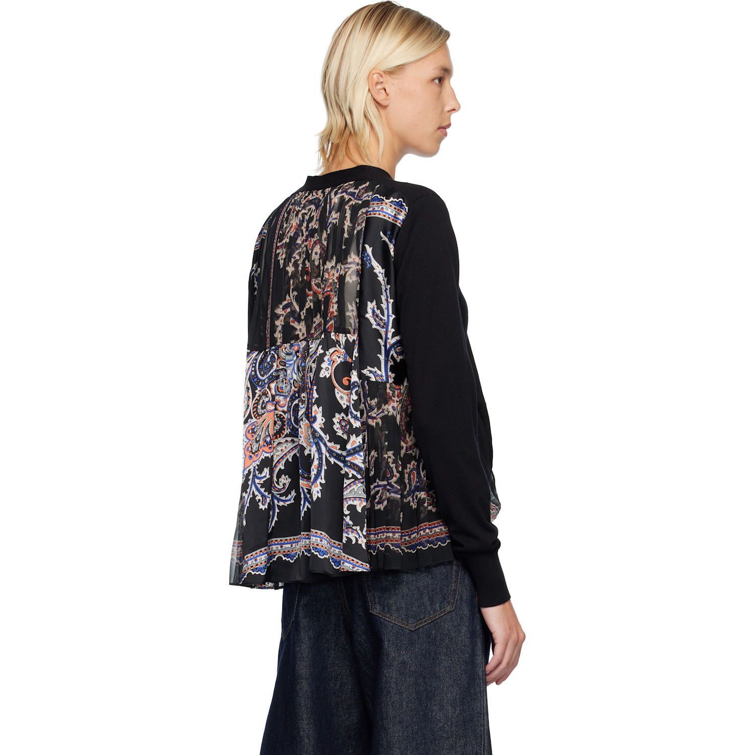  Sacai Black Paisley Print & Cotton Knit Cardigan 