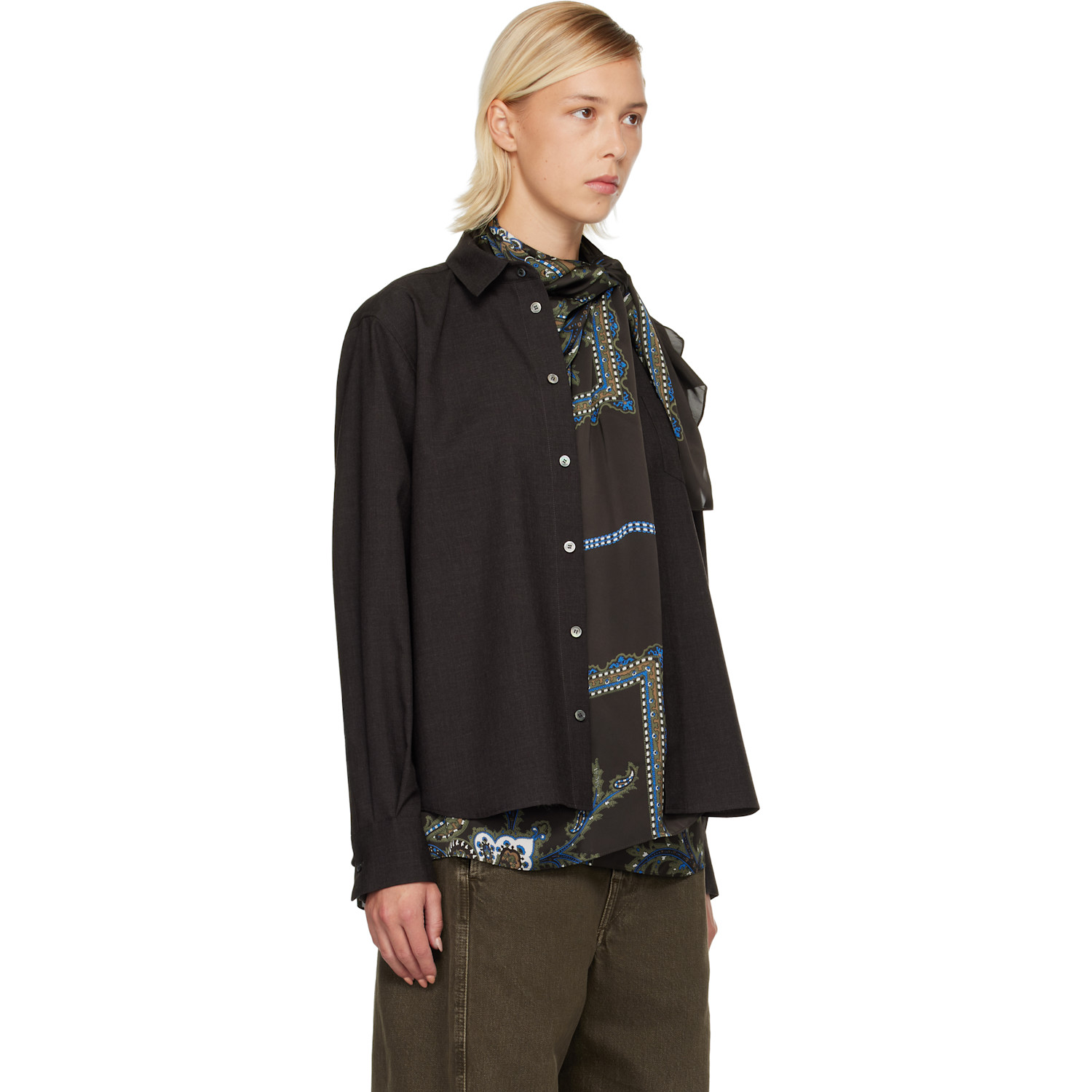  Sacai Brown Suiting & Paisley Print Shirt 