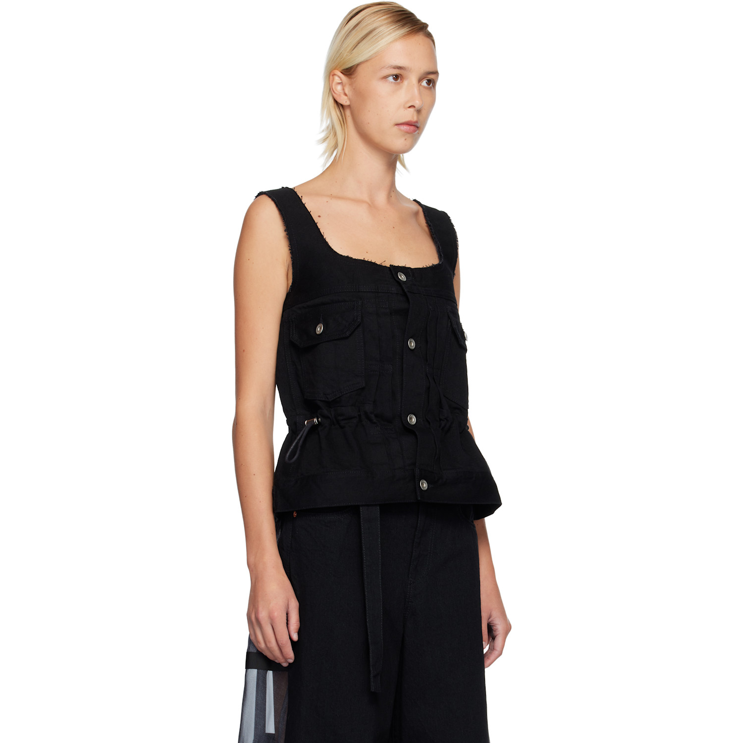  Sacai Black Square Neck Denim Tank Top 