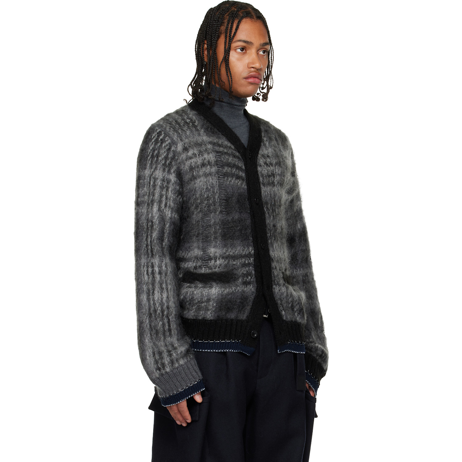  Sacai Gray Plaid Mohair Knit Cardigan 