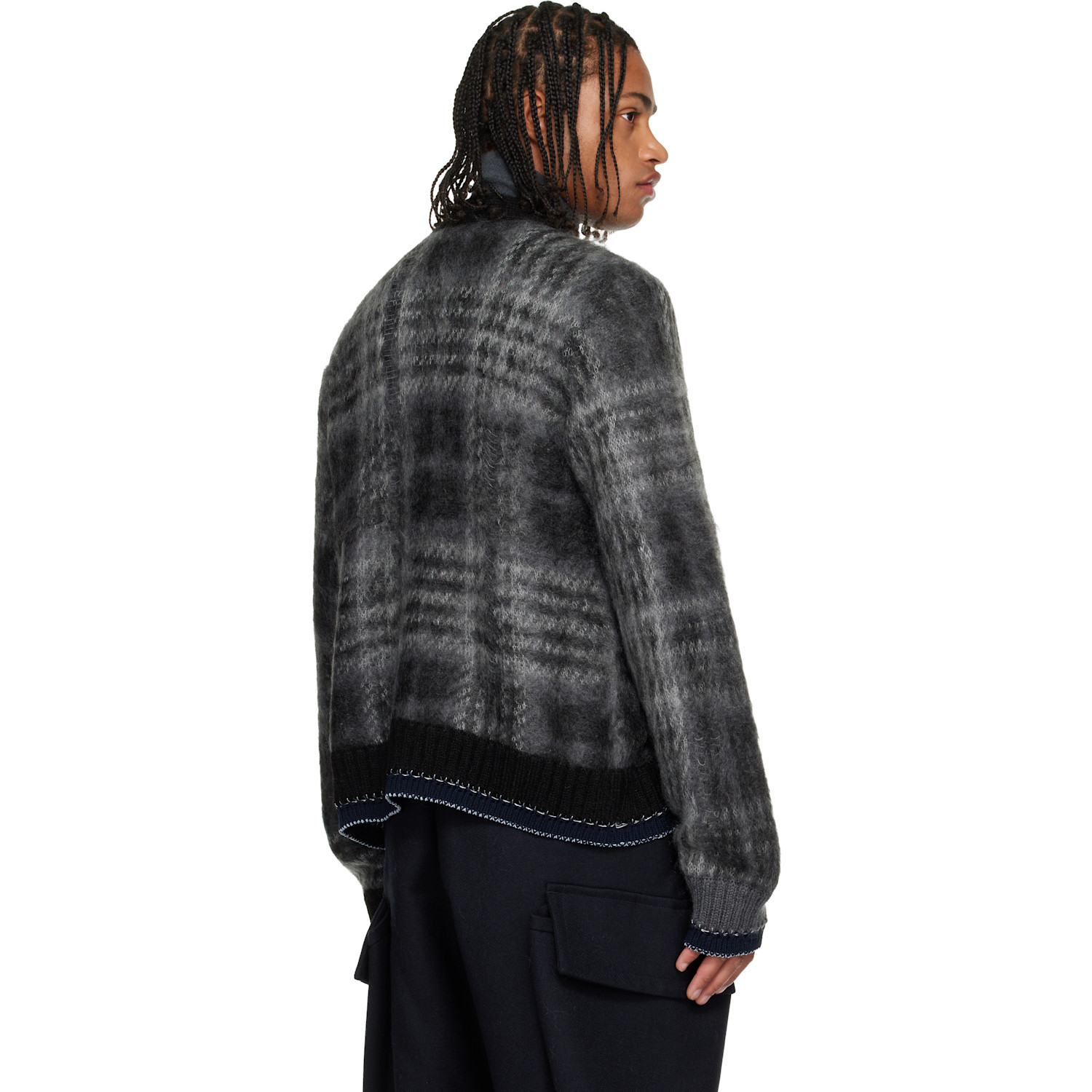  Sacai Gray Plaid Mohair Knit Cardigan 