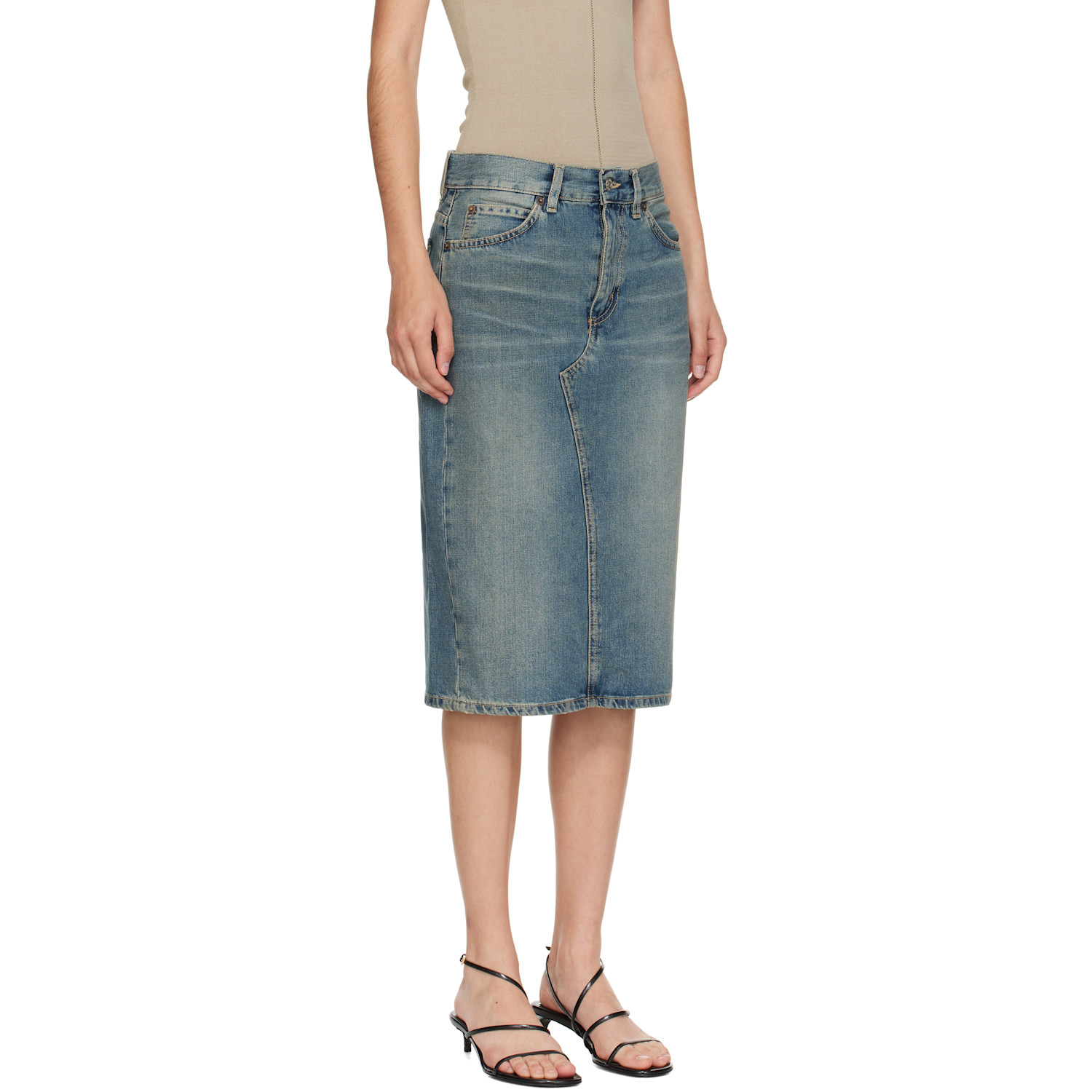  6397 Blue Faded Denim Midi Skirt 