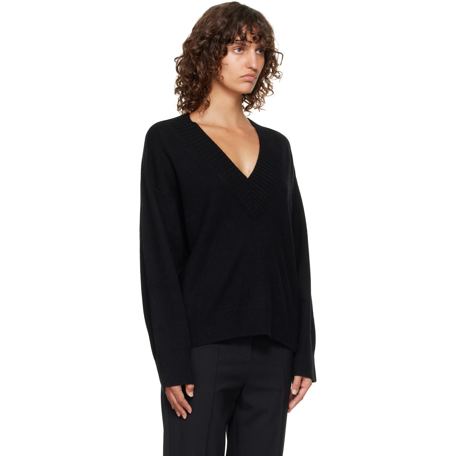  Loulou De Saison Black Sage Lds V Neck Cashmere Sweater 