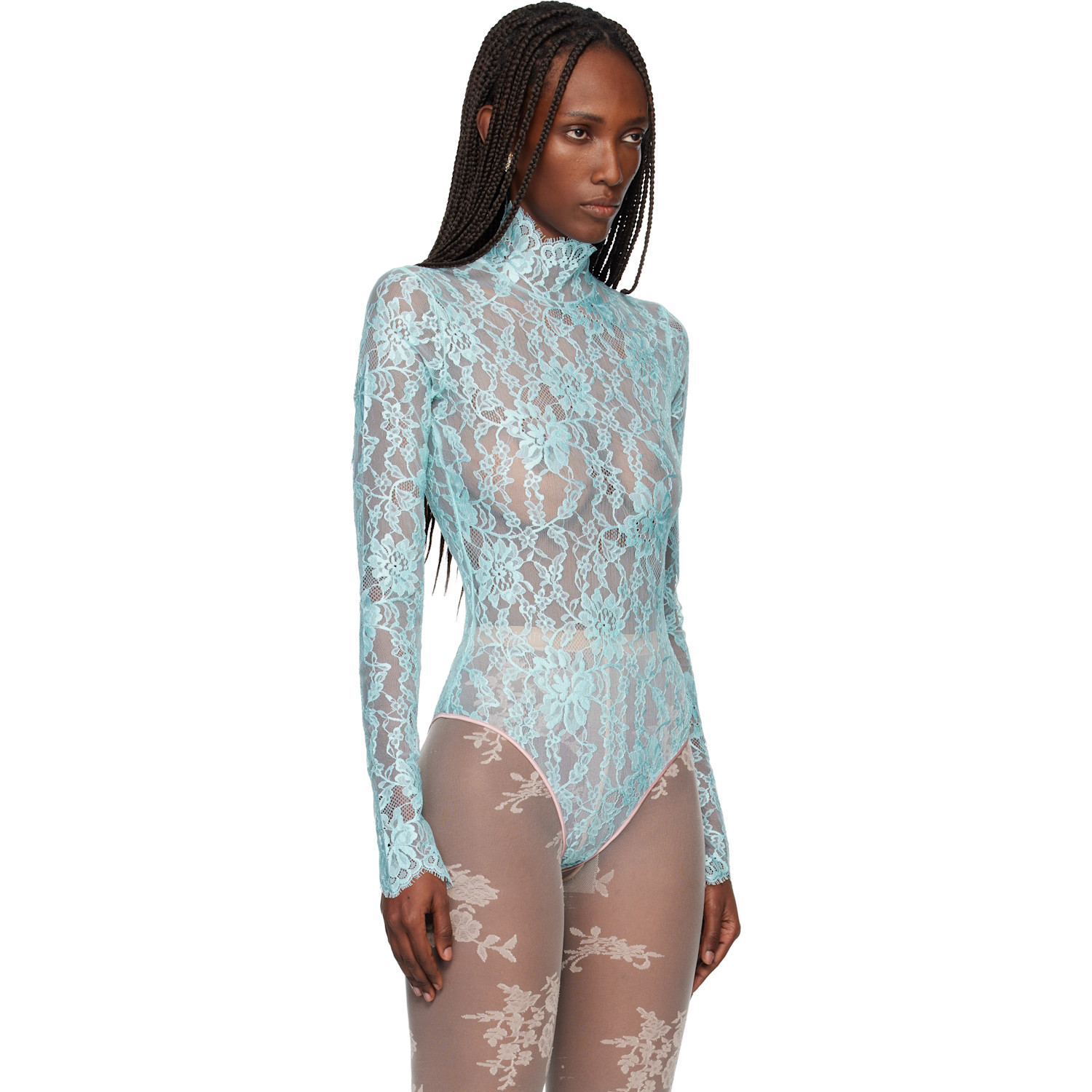  Valentino Blue Floral Lace Bodysuit 