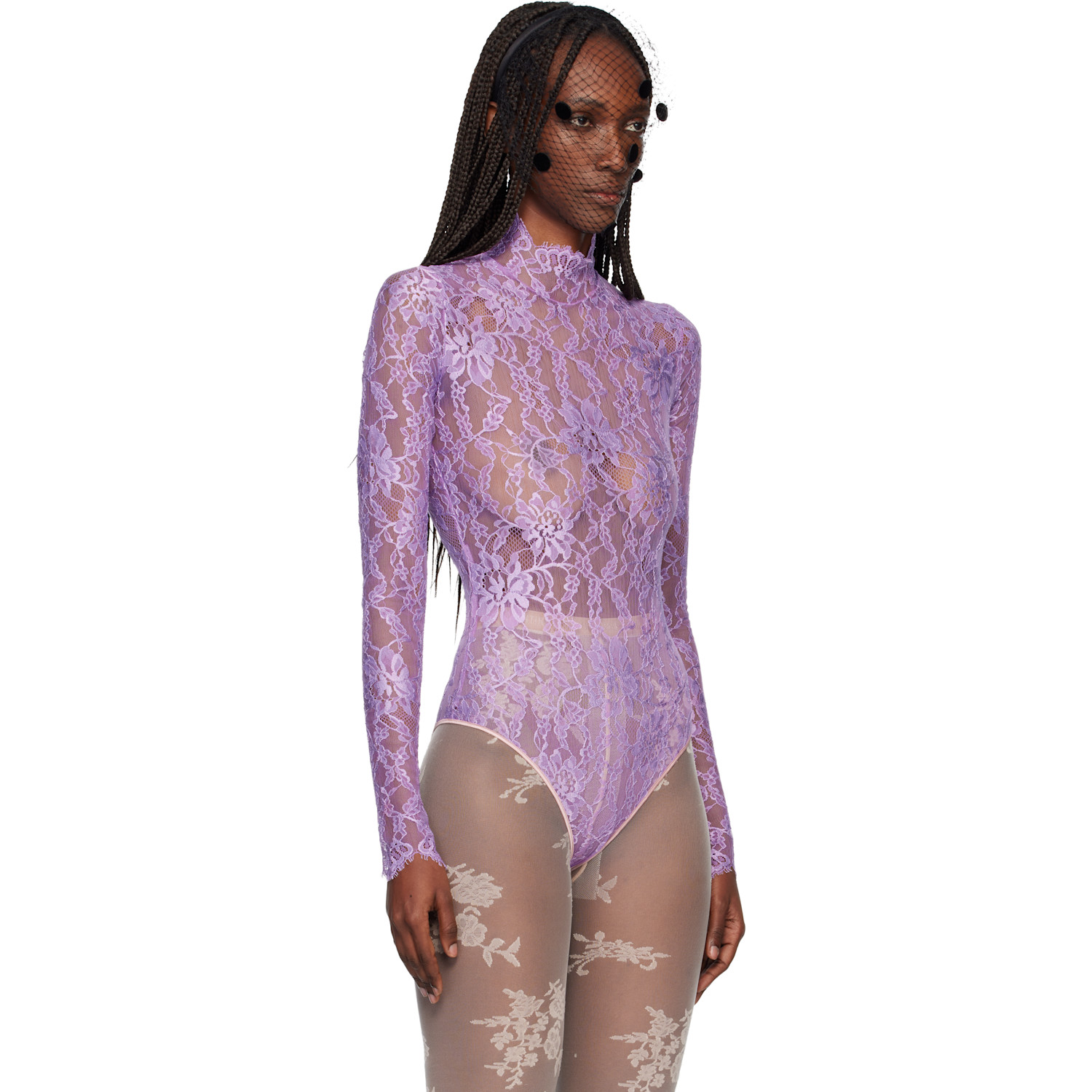  Valentino Purple Floral Lace Bodysuit 