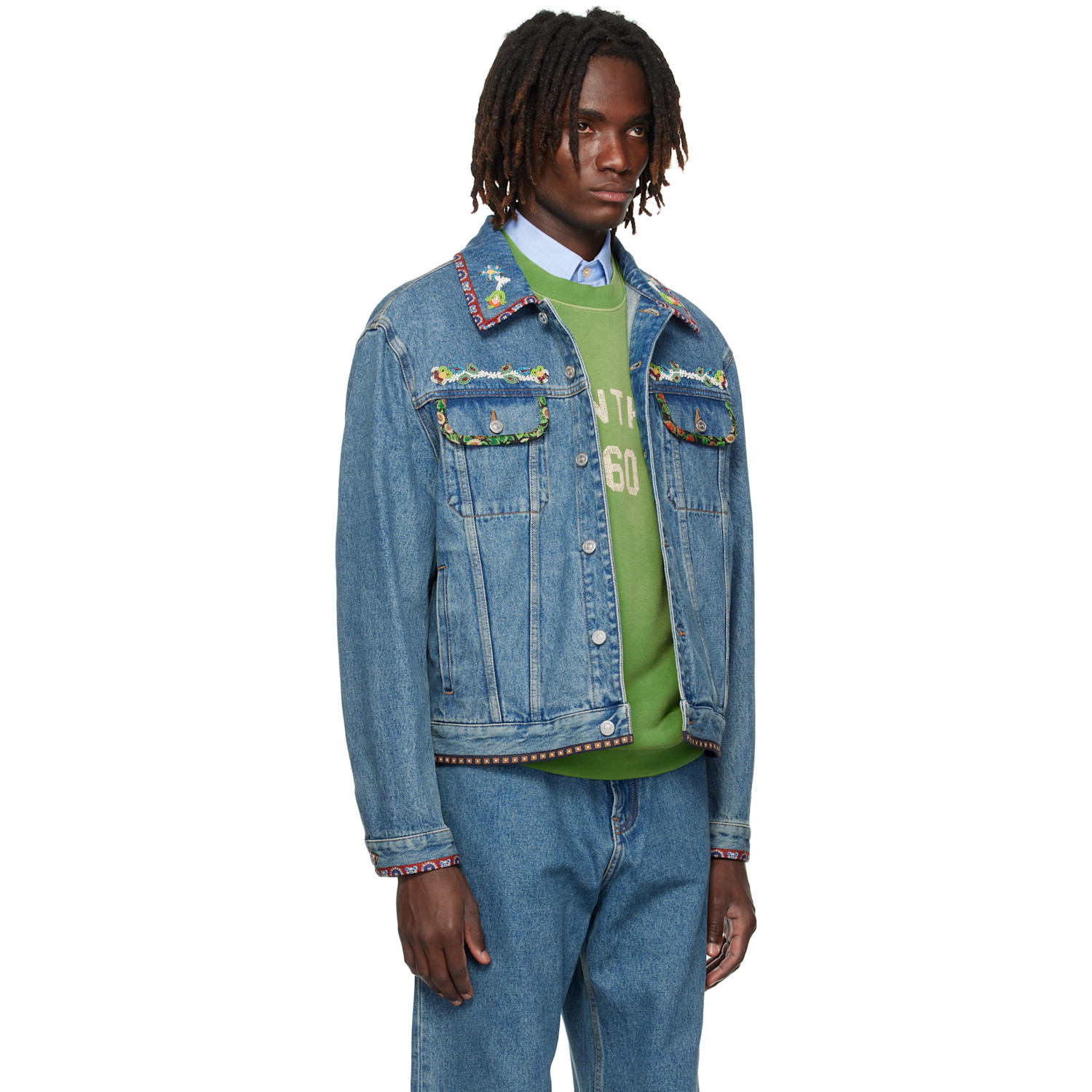  Valentino Blue Beaded Embroidery & Printed Edges Denim Jacket 