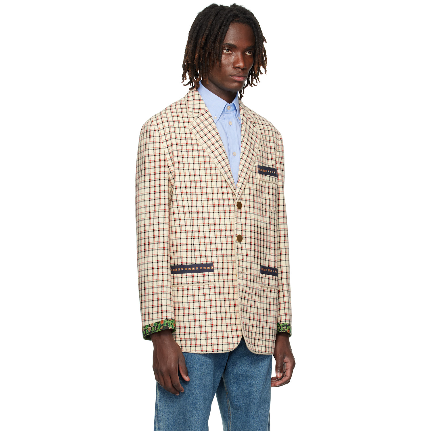  Valentino Beige Check Pattern Single-breasted Cotton Blazer 