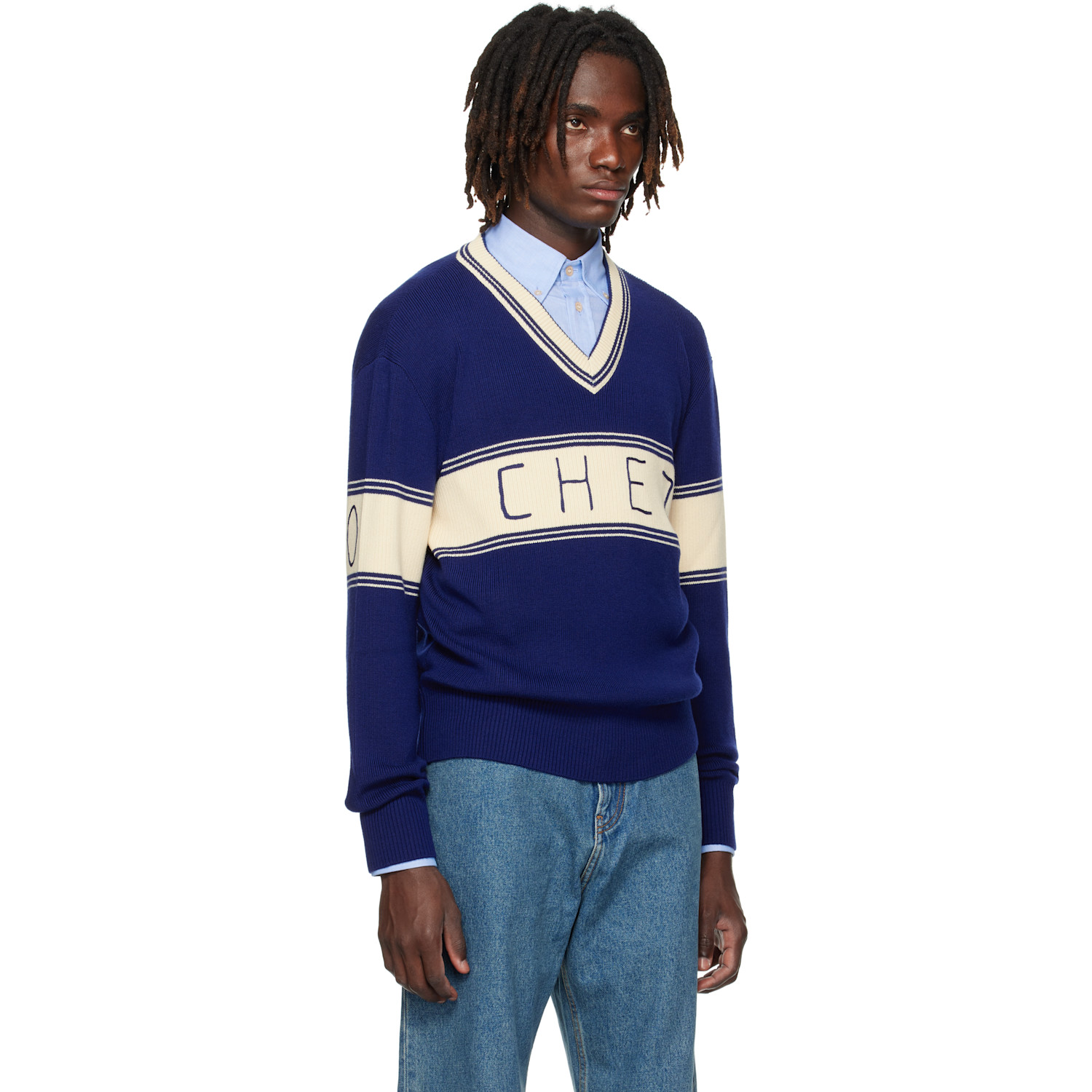  Valentino Navy & Beige 'chez Valentino' Jacquard Pattern Sweater 