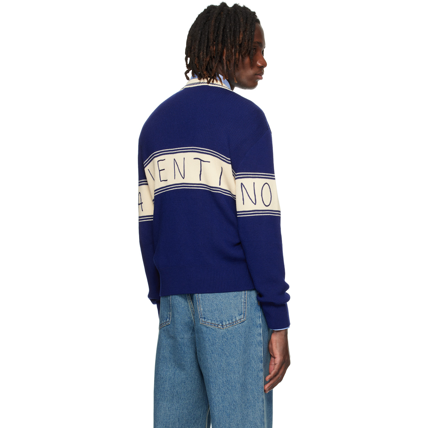  Valentino Navy & Beige 'chez Valentino' Jacquard Pattern Sweater 