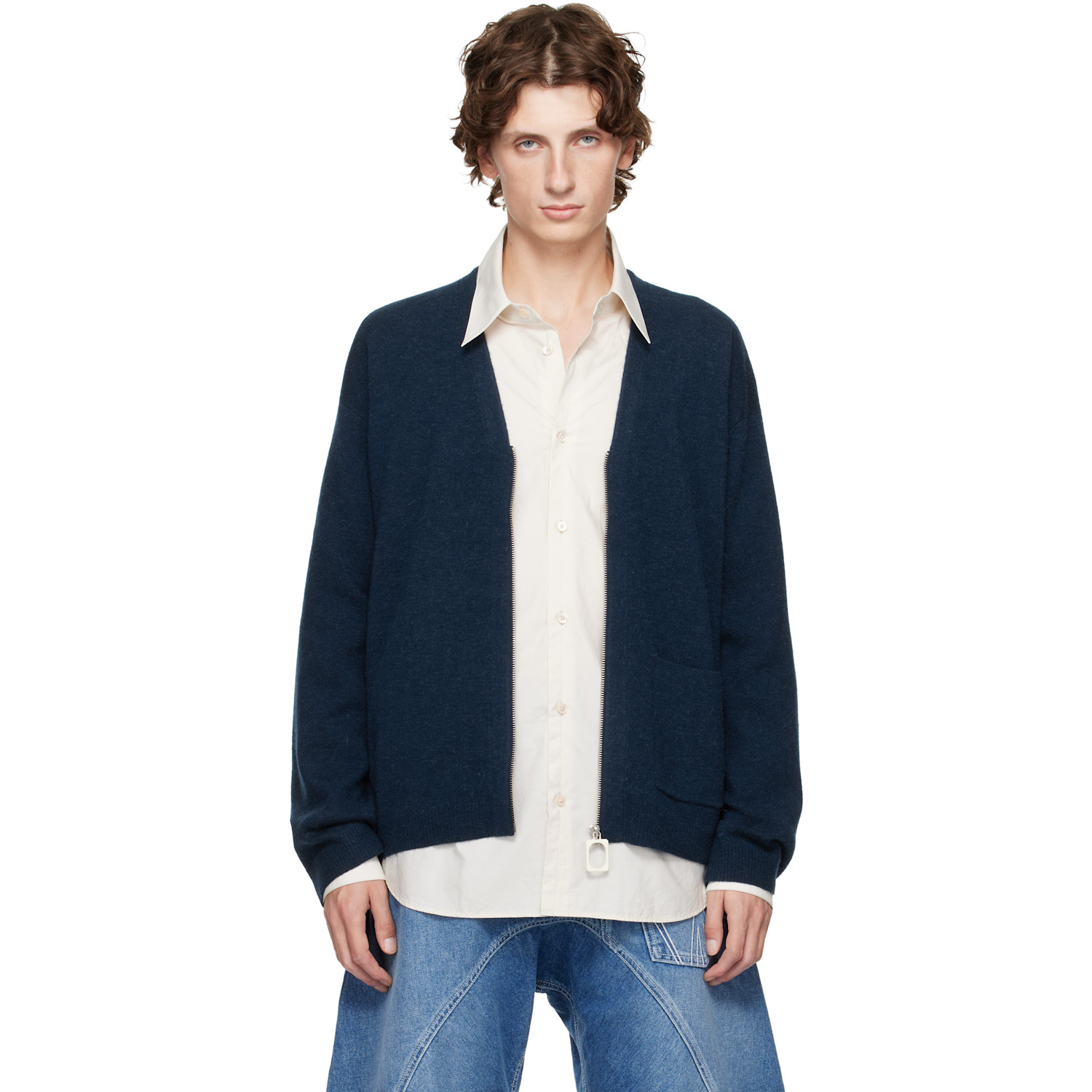 JW Anderson Navy V-Neck Zip-Up Cardigan