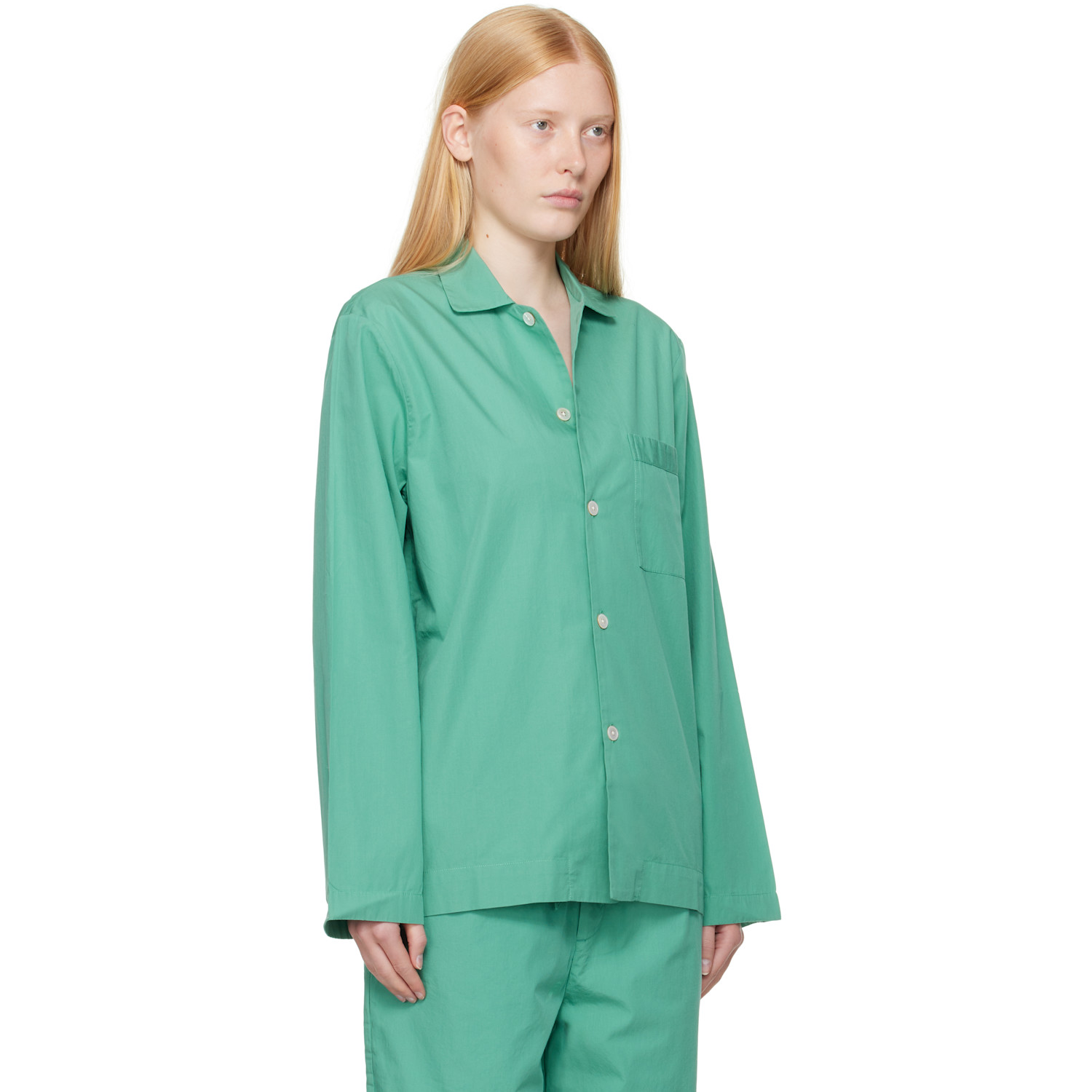  Tekla Green Poplin Long-sleeved Pyjama Shirt 