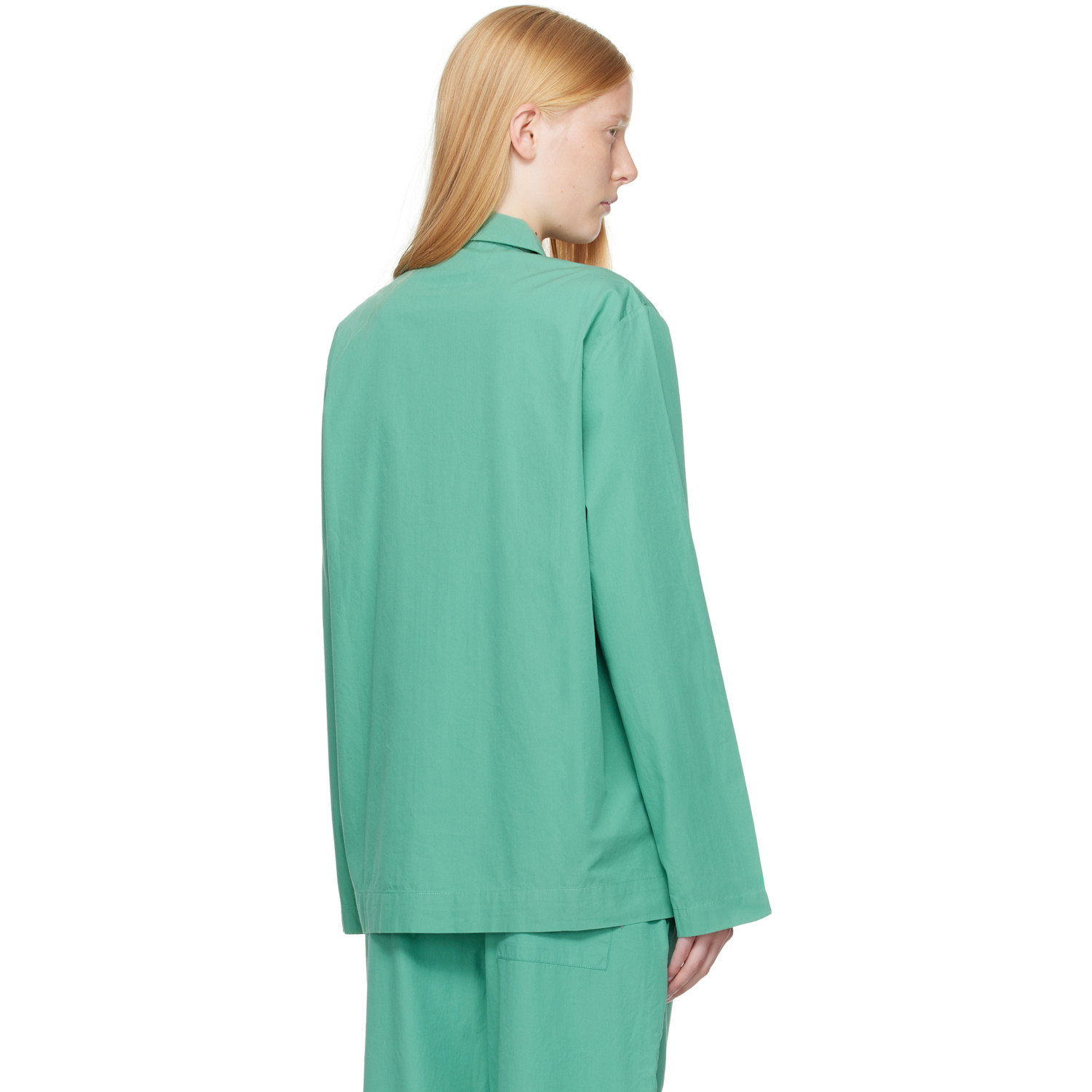  Tekla Green Poplin Long-sleeved Pyjama Shirt 