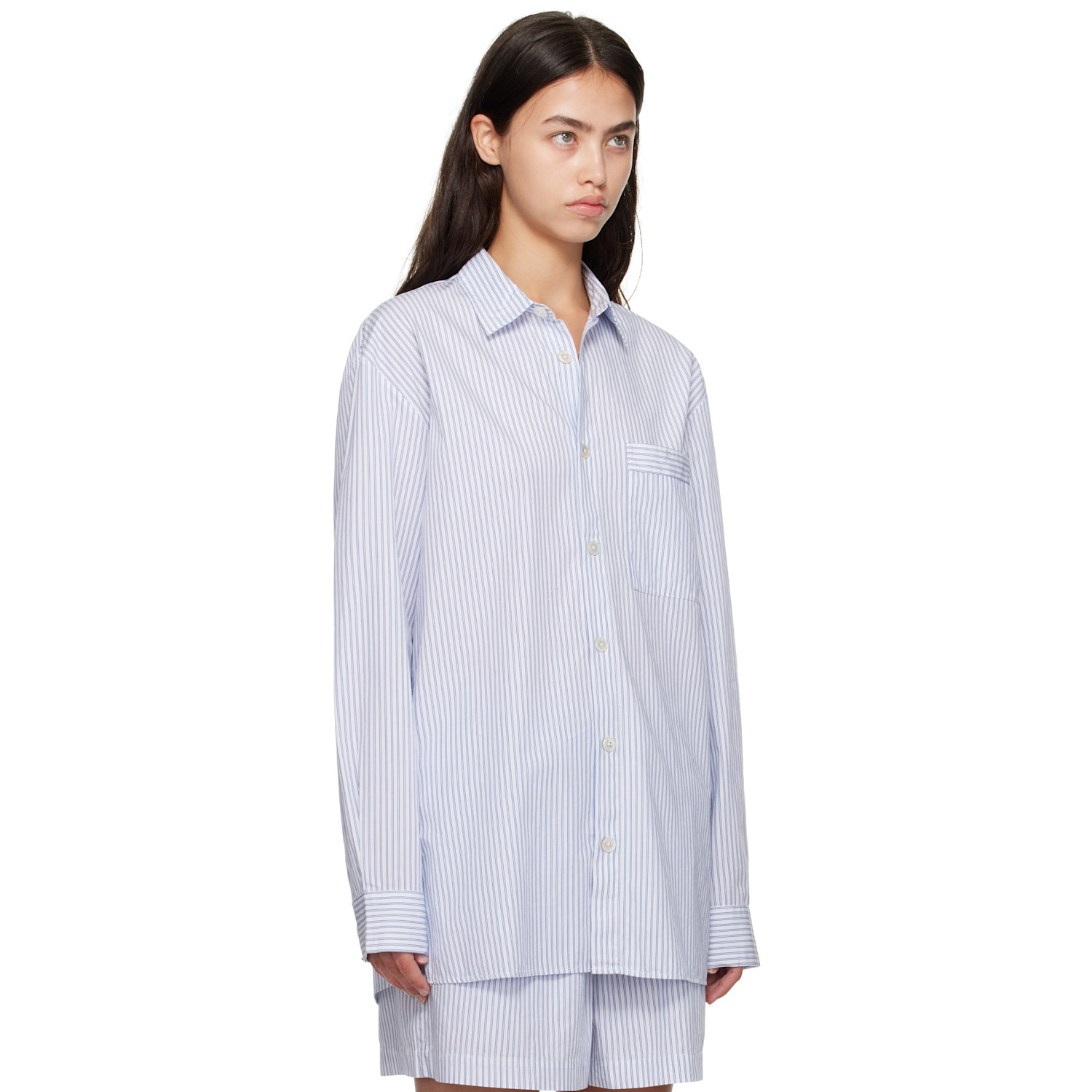  Tekla White & Blue Poplin Long-sleeved Pyjama Shirt 