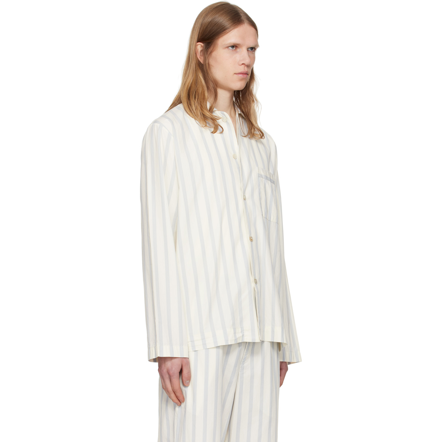  Tekla Off-white & Navy Poplin Long-sleeved Pyjama Shirt 