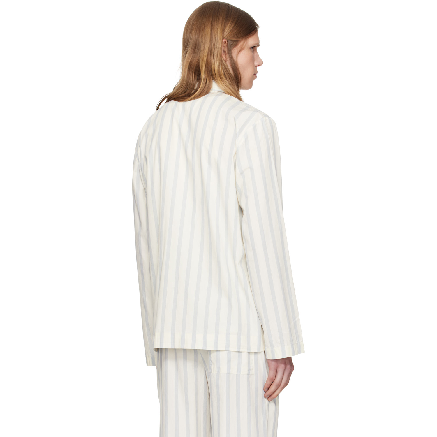  Tekla Off-white & Navy Poplin Long-sleeved Pyjama Shirt 