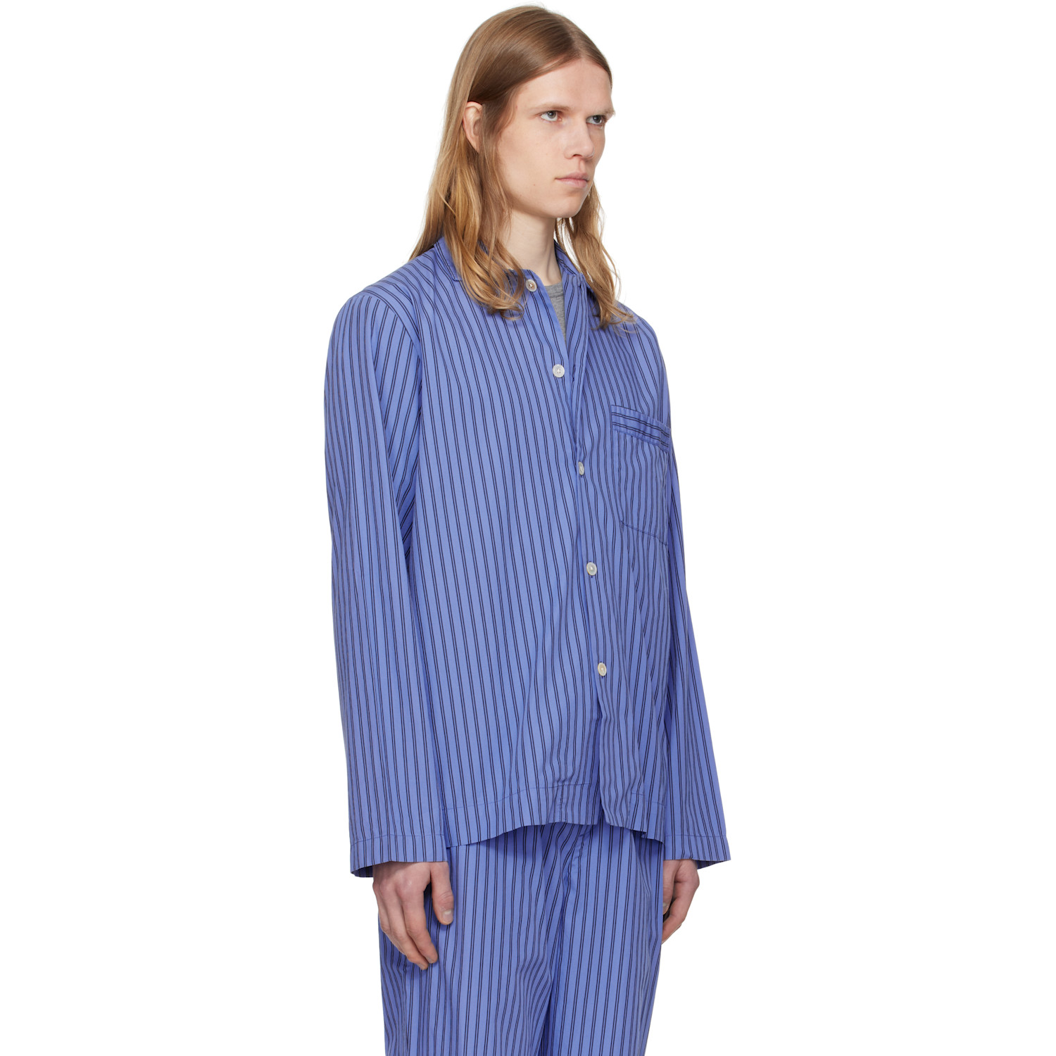 Tekla Navy Poplin Long-sleeved Pyjama Shirt 