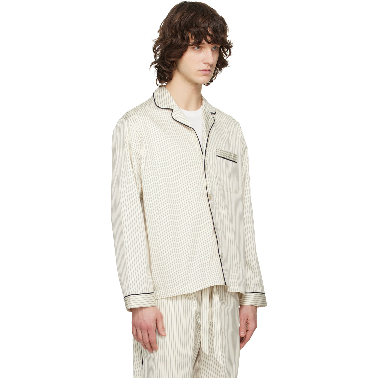  Tekla Beige Sateen Long-sleeved Pyjama Shirt 