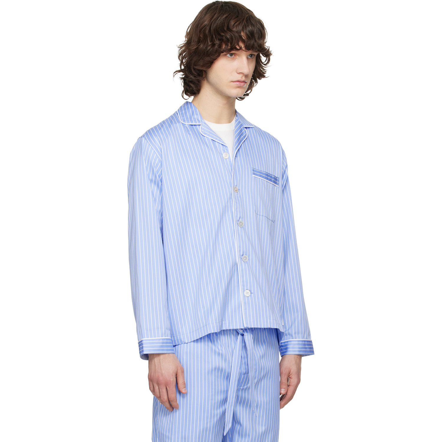  Tekla Blue Sateen Long-sleeved Pyjama Shirt 